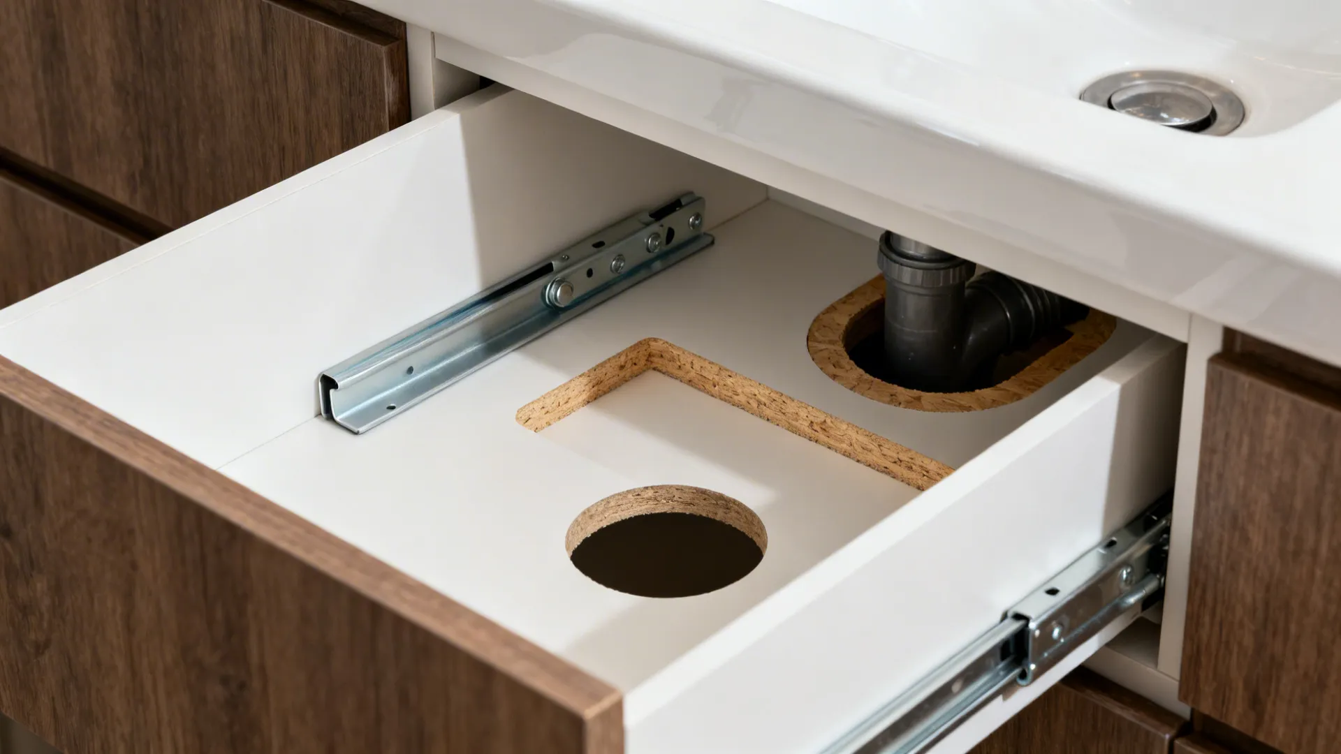 Close-up of U-shaped drawer hardware and moisture-resistant materials around plumbing under a corner sink.