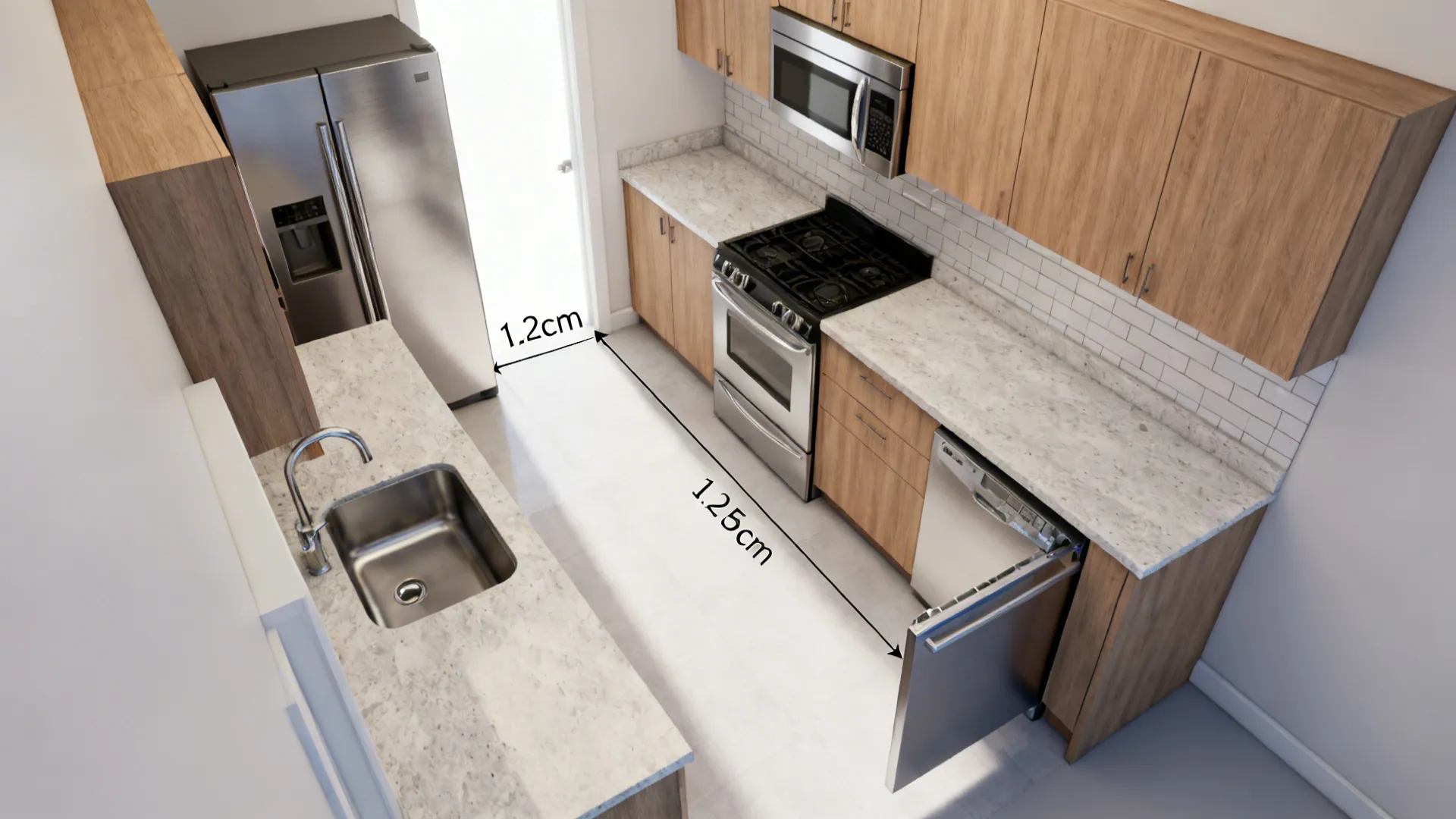 Top-down U-shaped kitchen showing clear aisle width, appliance placement, and door swing.