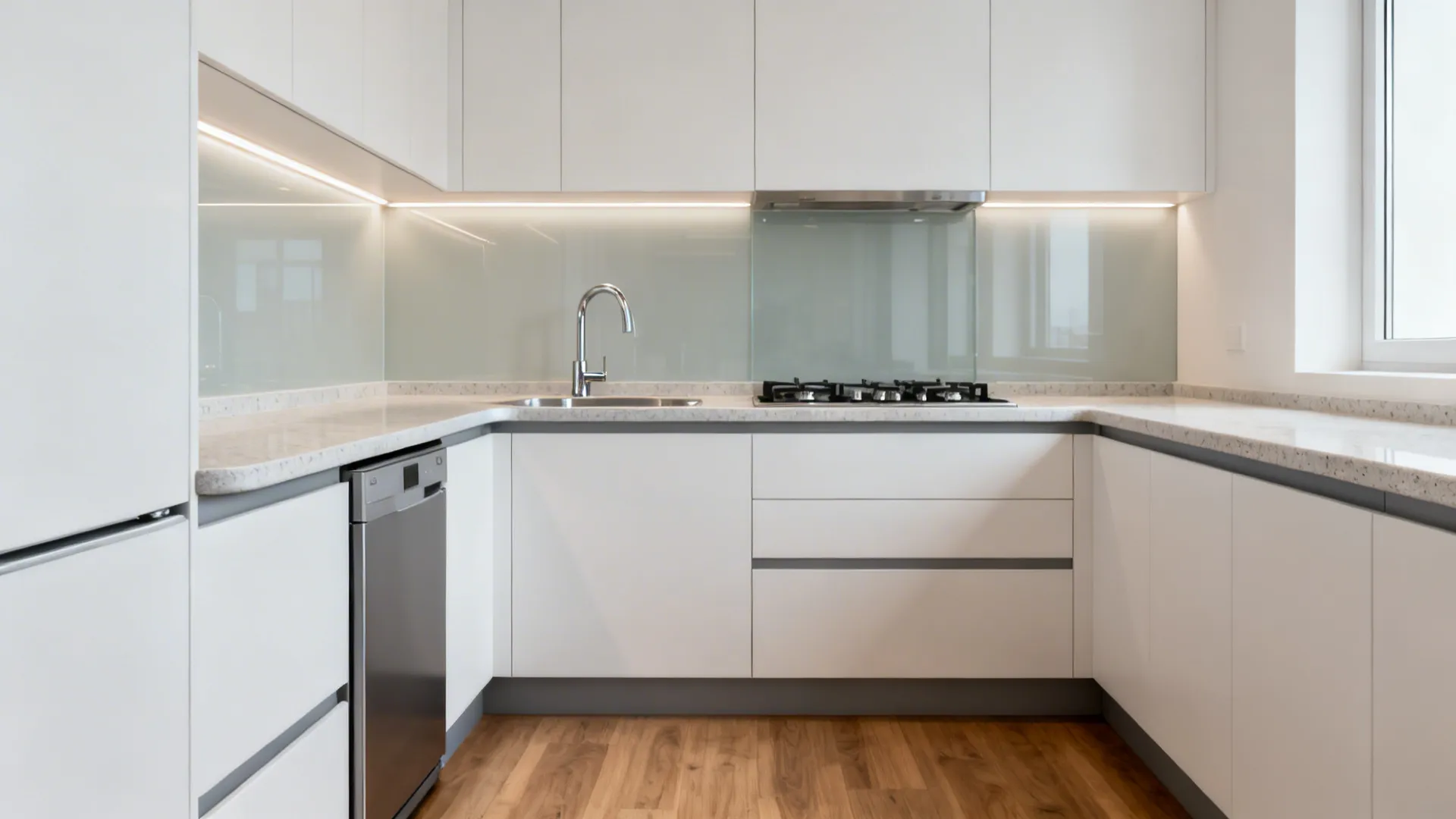 Modern white kitchen layout with white cabinets stone countertops wood floor dishwasher sink stove lighting