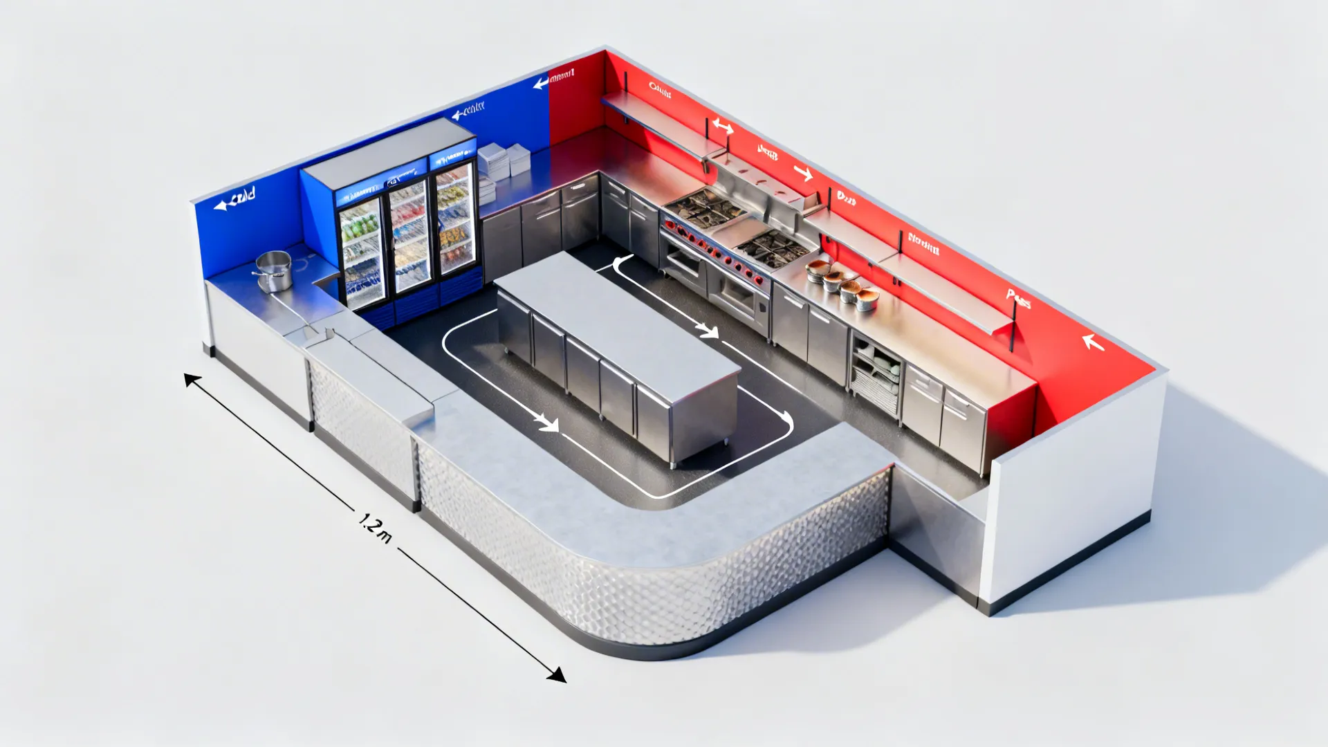 Top-down view of a compact hotel kitchen transitioning from linear to U-shaped zones.