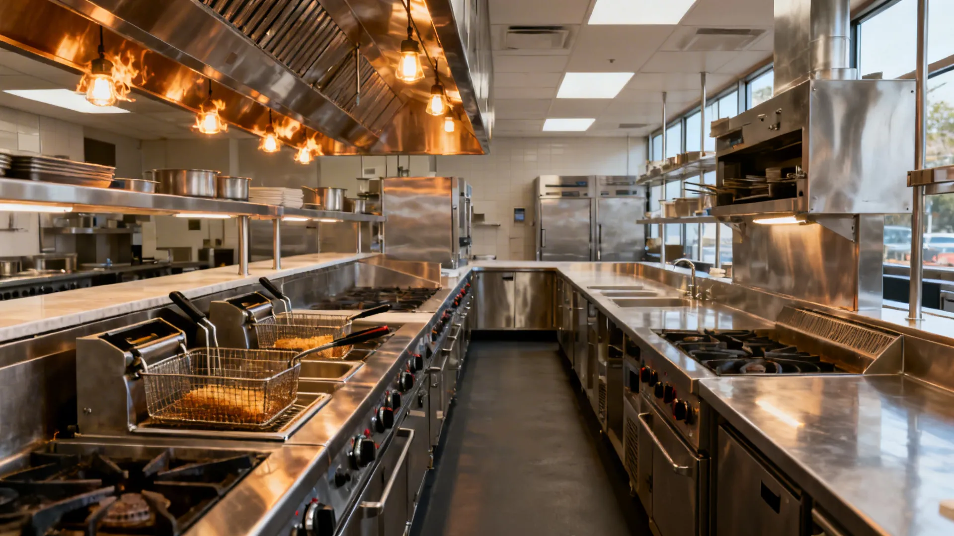 Compact U-shaped hot line with fryers beside a sauté range and a shared landing zone.