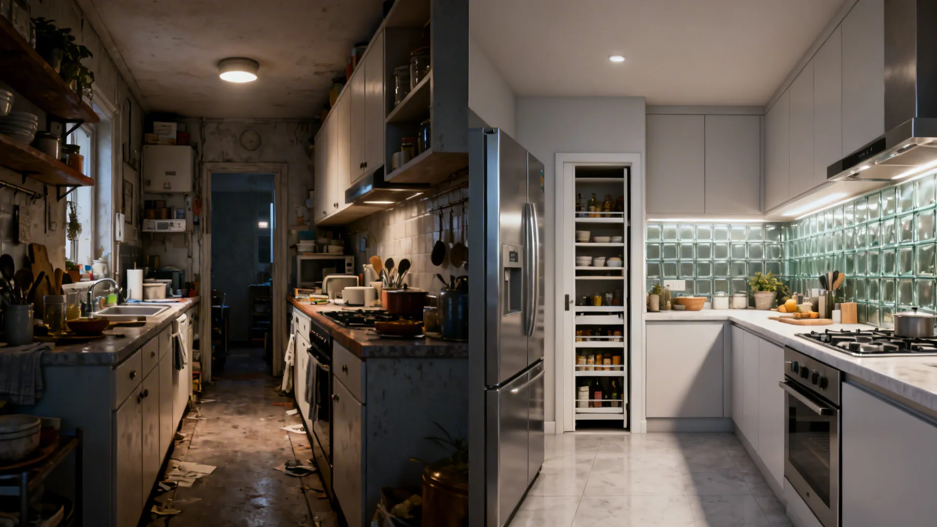 Before-and-after comparison from a cramped galley to a bright U-shaped kitchen with compact pantry.