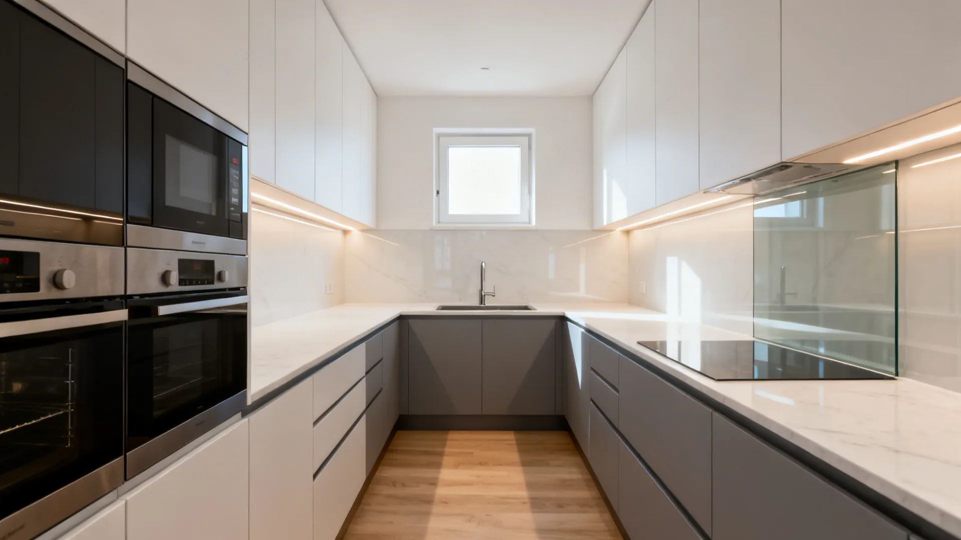 Modern kitchen with white upper cabinets grey lower cabinets wooden floor built-in oven and window