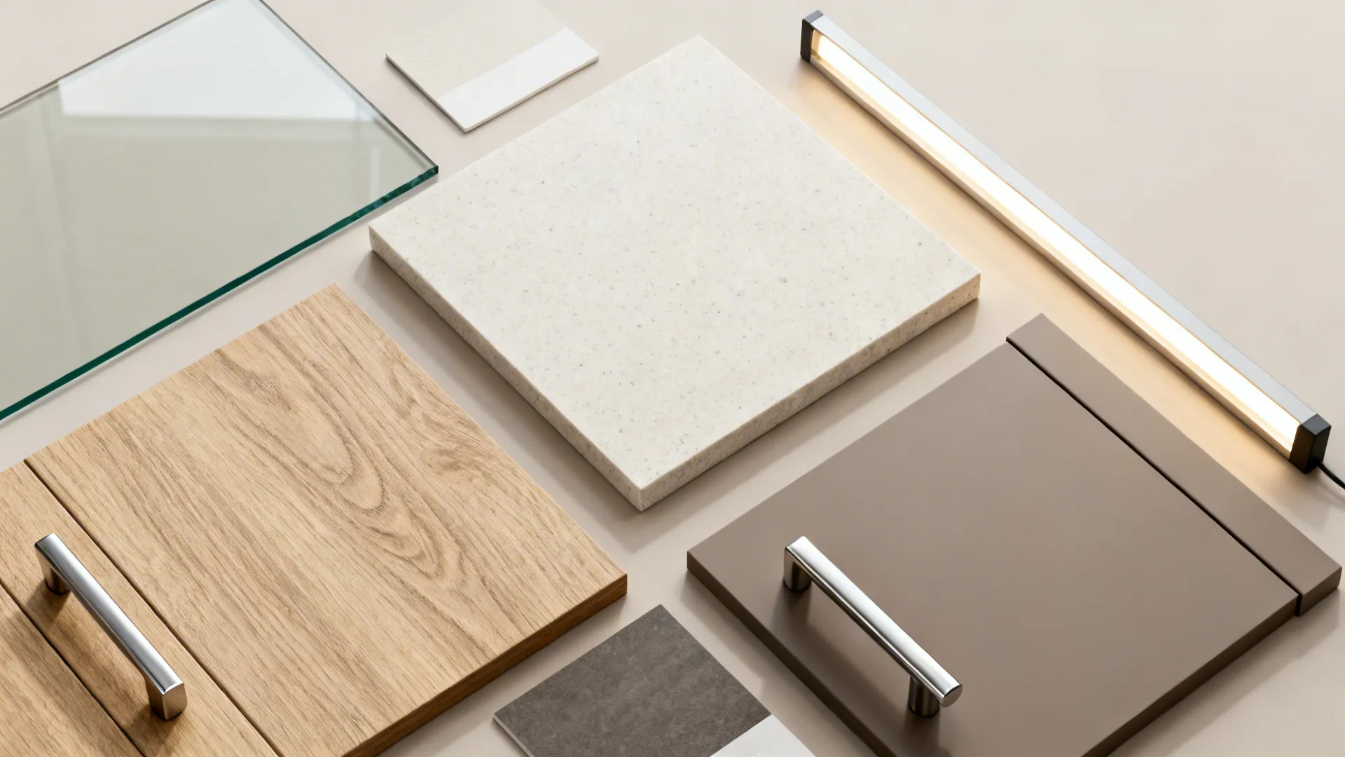 Flatlay of glass backsplash, matte quartz, wood-look laminate, hardware, and LED strip samples.
