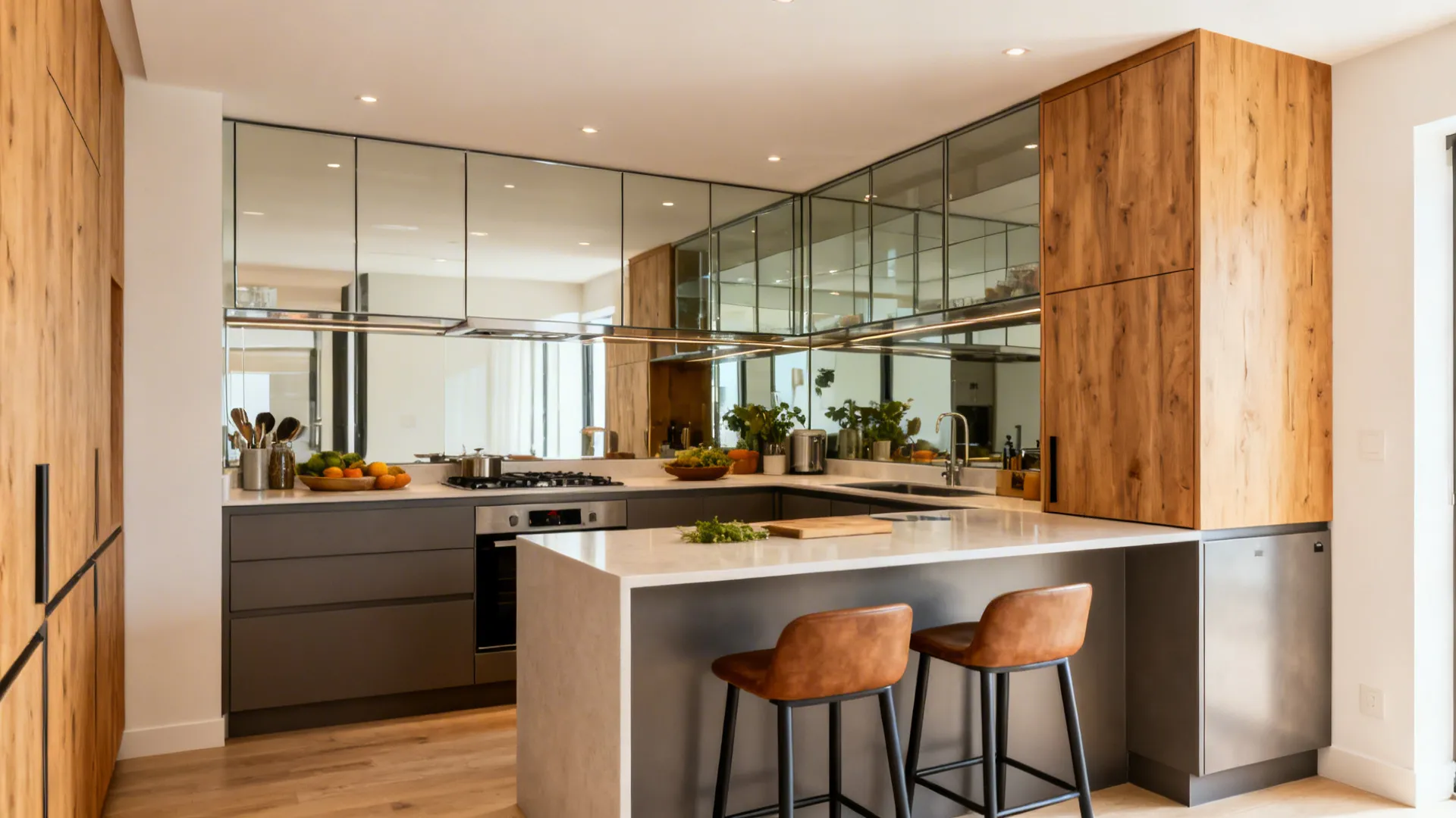 Overview of a compact U-shaped kitchen showing peninsula, glass backsplash, and mixed materials.