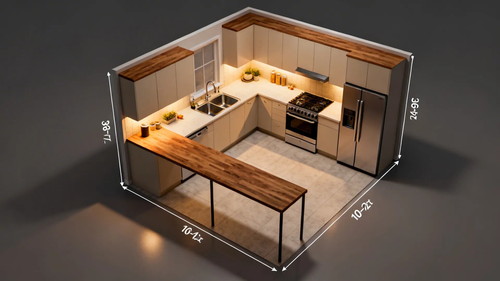 Top-down view of a compact U-shaped kitchen with a slim peninsula and clear aisle.