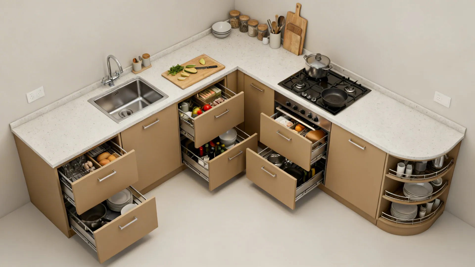 Top-down view of a U-shaped kitchen with fawn cabinets and open smart drawers