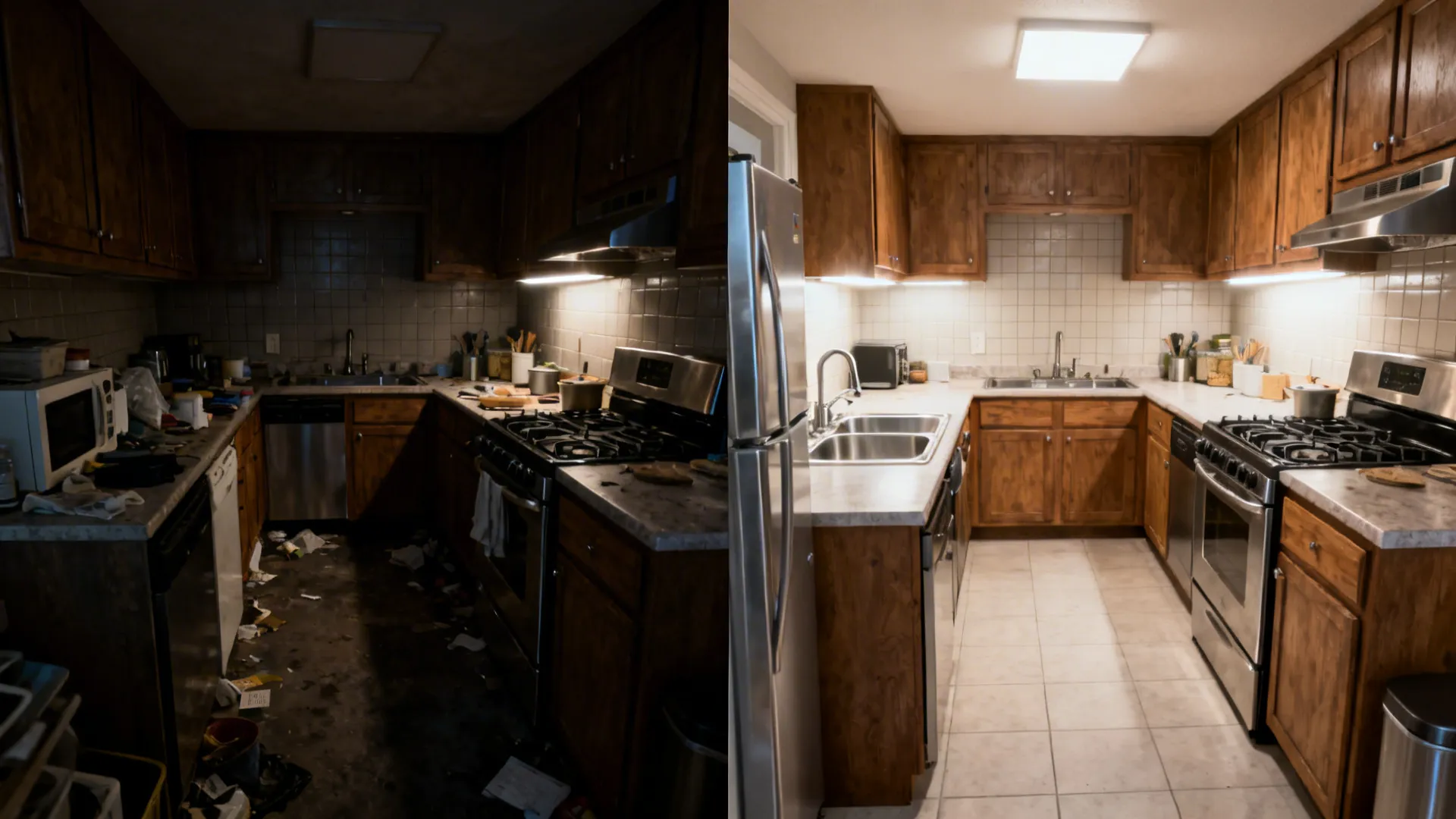 Before-and-after of a compact U-shaped kitchen showing improved ergonomic layout and lighting.