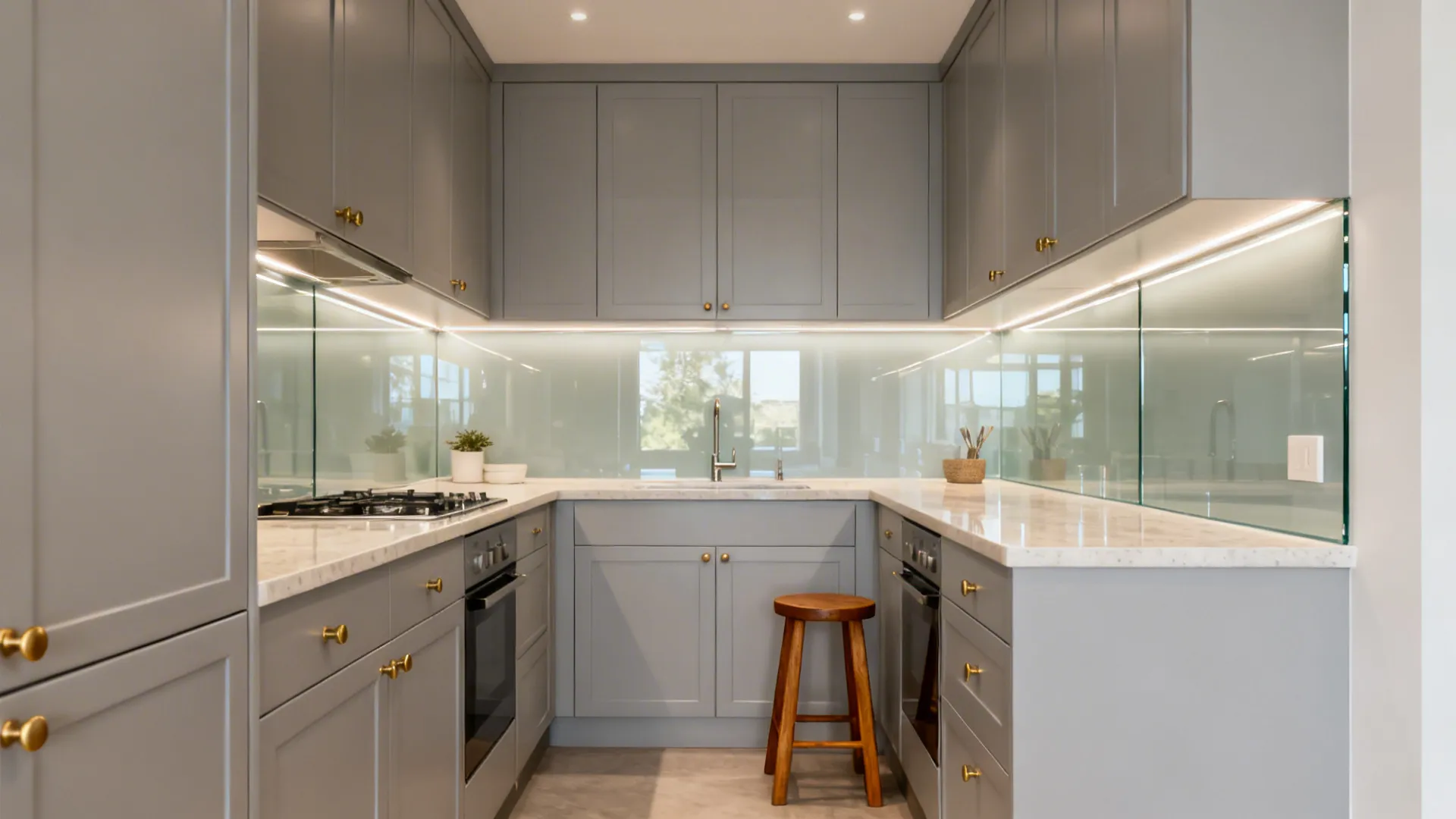 Light U-shaped kitchen with satin cabinets, pale quartz, and a glossy glass backsplash.