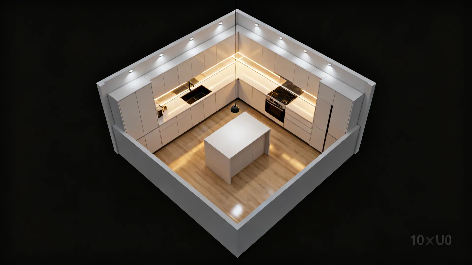 Top-down view mapping ambient, under-cabinet task LEDs, and a pendant over the peninsula in a U-shaped kitchen.