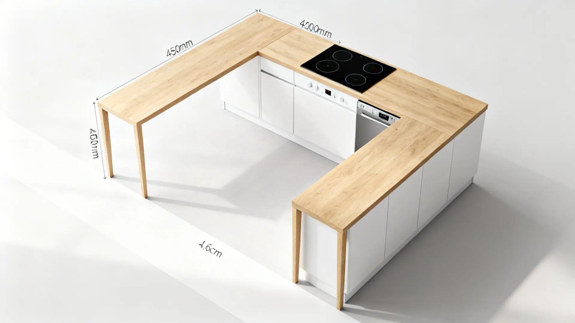 Top-down view of a compact U-shaped micro-kitchen with slim counters and efficient layout.