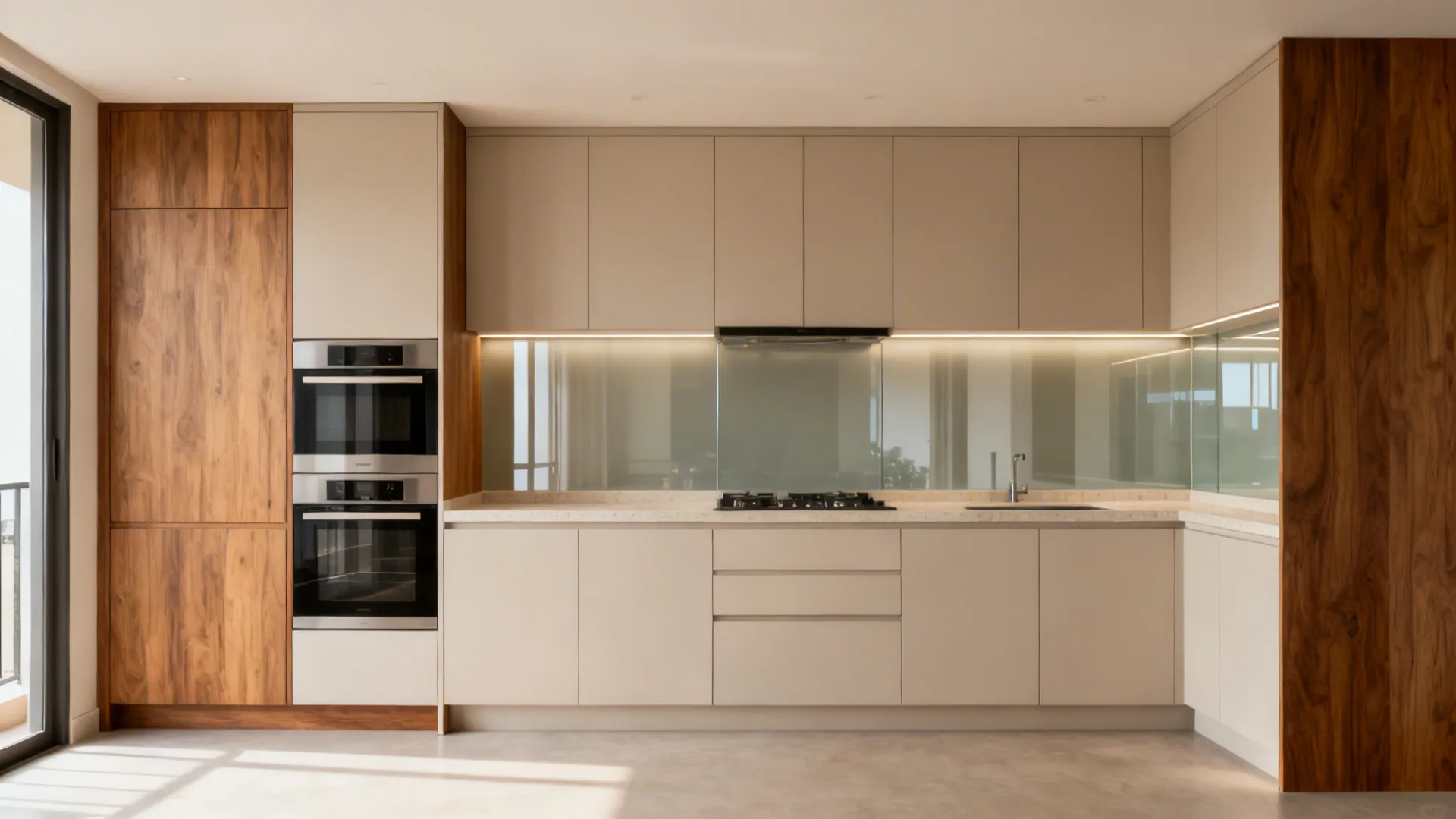 Minimalist U-shaped kitchen with full-height tall pantry units and light quartz counters.