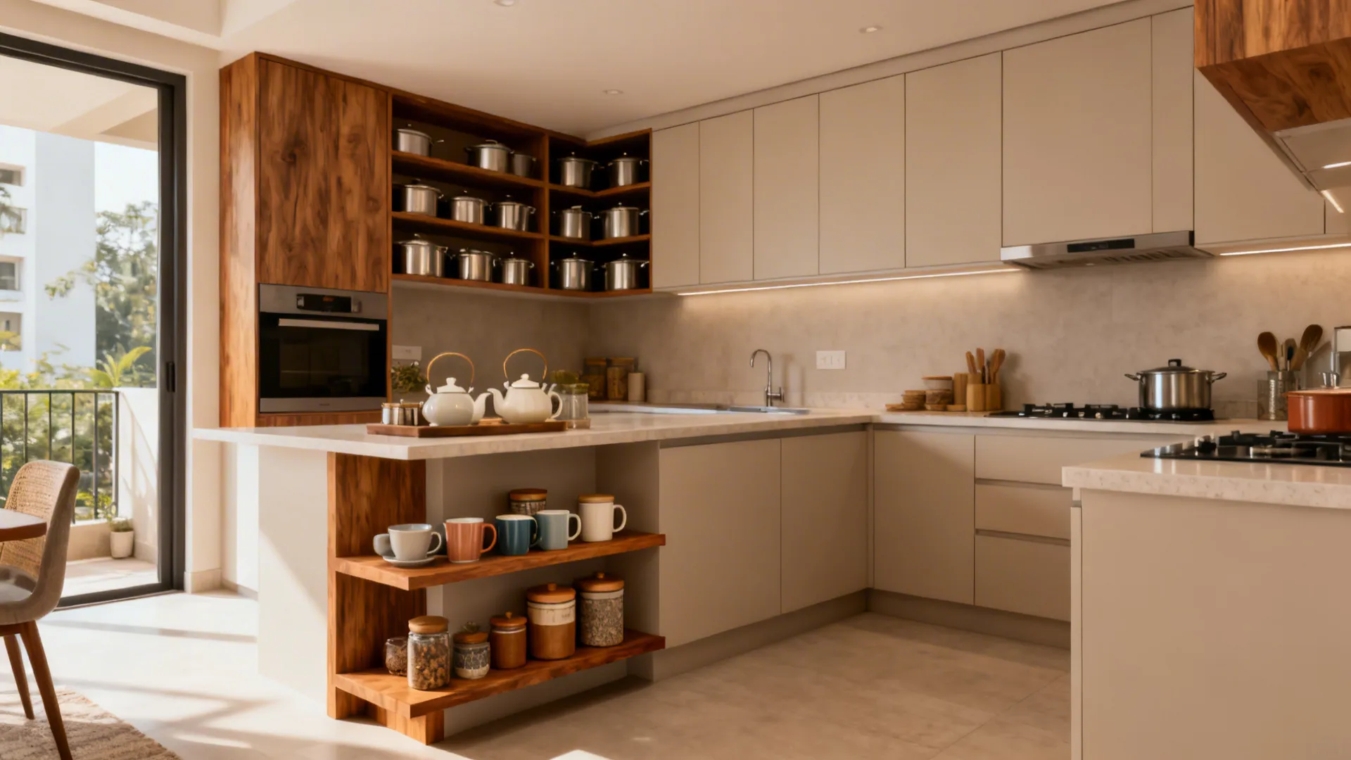 U-shaped kitchen with floating open shelves for a tea station and closed cabinets for bulk storage.