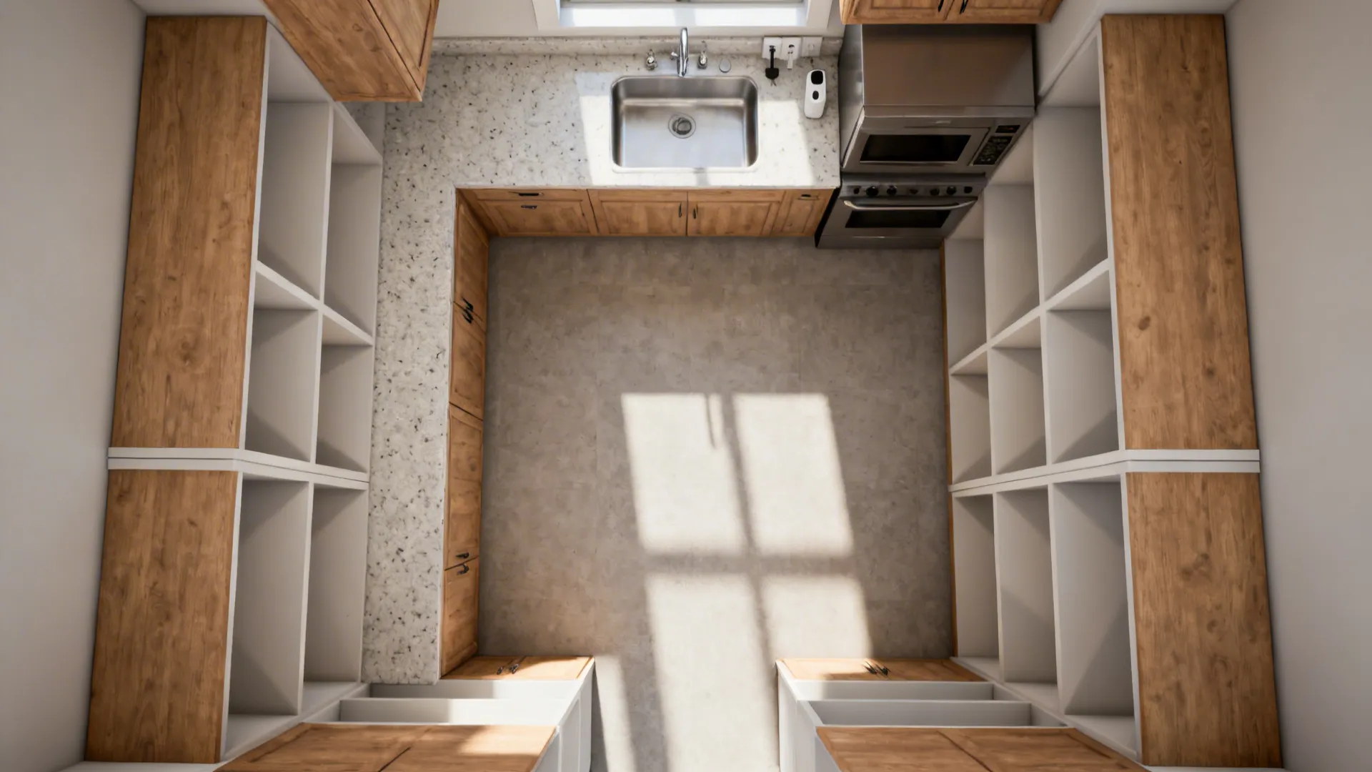 Top-down view of a kitchen pantry with wood cabinets, white shelves, sink, stove, and microwave