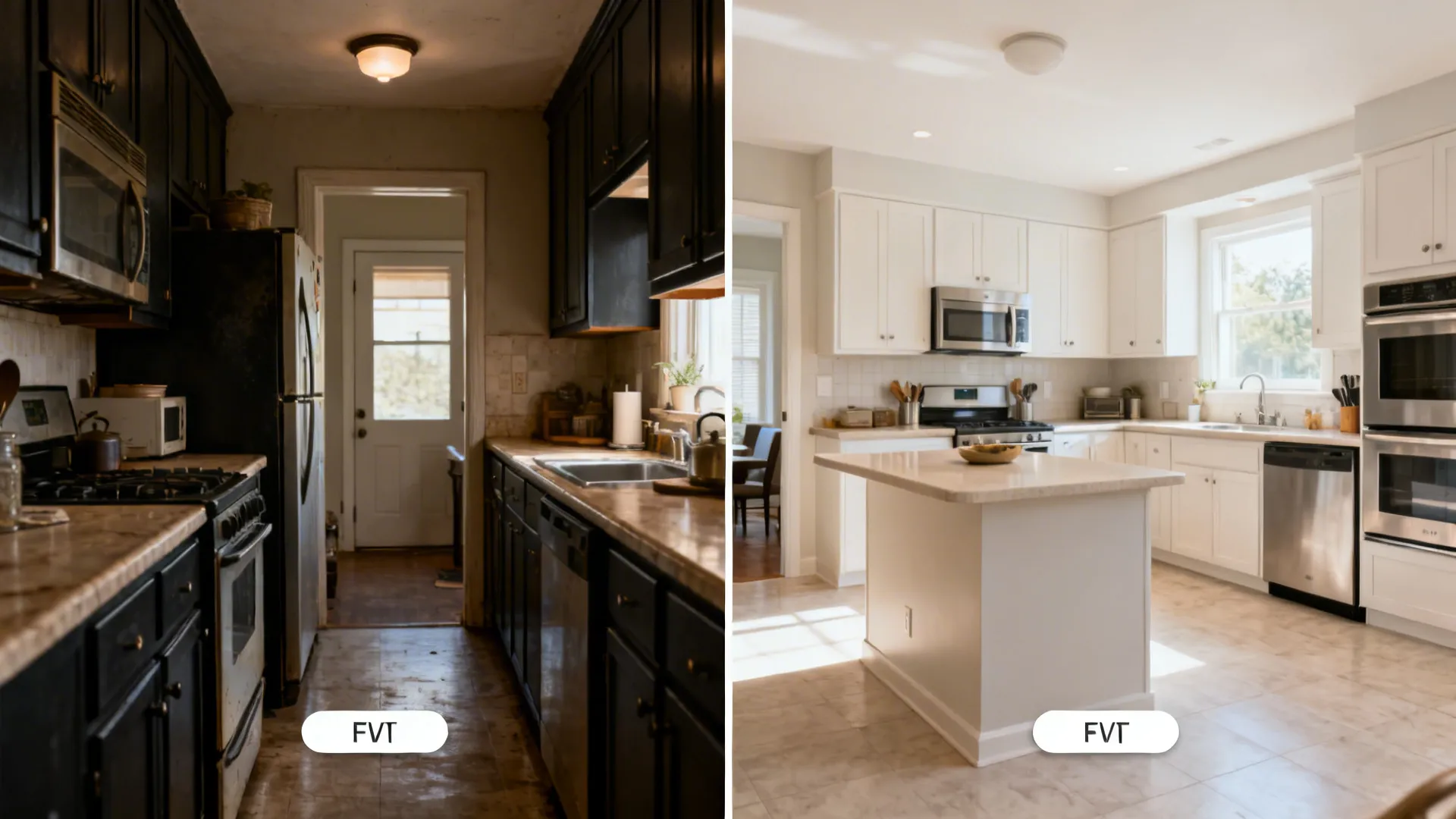 Before and after comparison showing a dated galley turned into a bright U-shaped kitchen with peninsula.