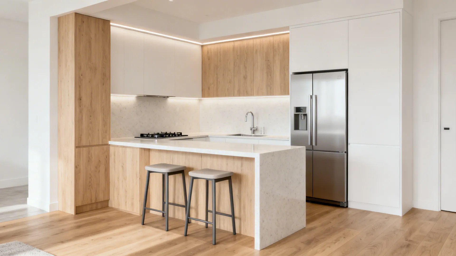 Compact U-shaped kitchen with a slim waterfall-edge peninsula and tucked stools.