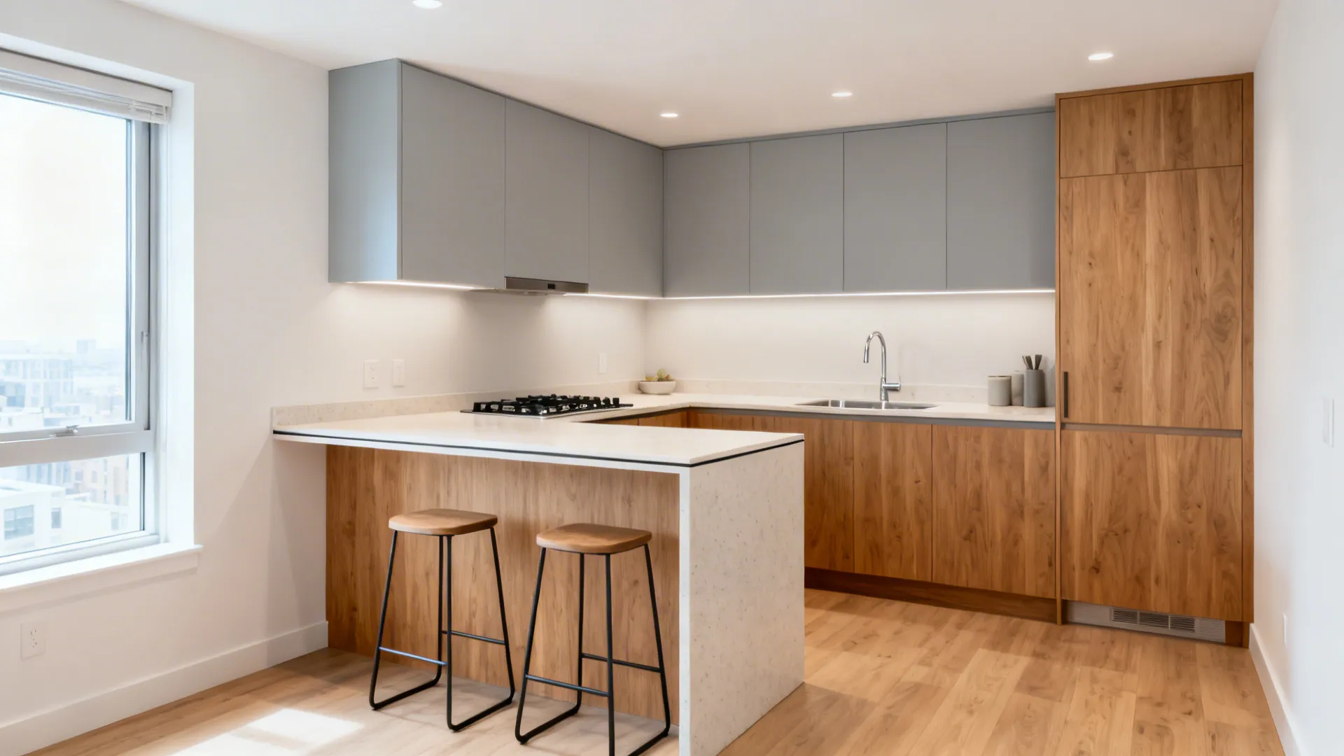 U-shaped kitchen with a short peninsula and backless stools in a compact condo.