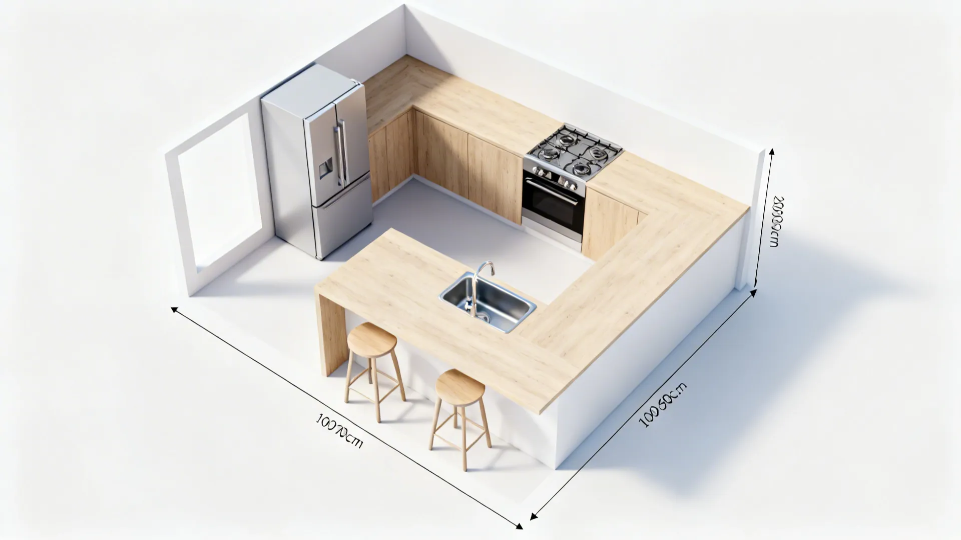 Top-down view of a U-shaped kitchen with peninsula, clear aisles, and triangle layout.