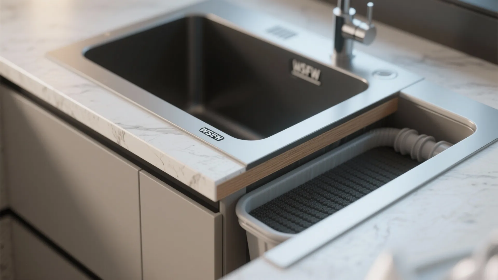 Modern kitchen sink with grey bowl marble countertop tap and storage drawer with drain pipe