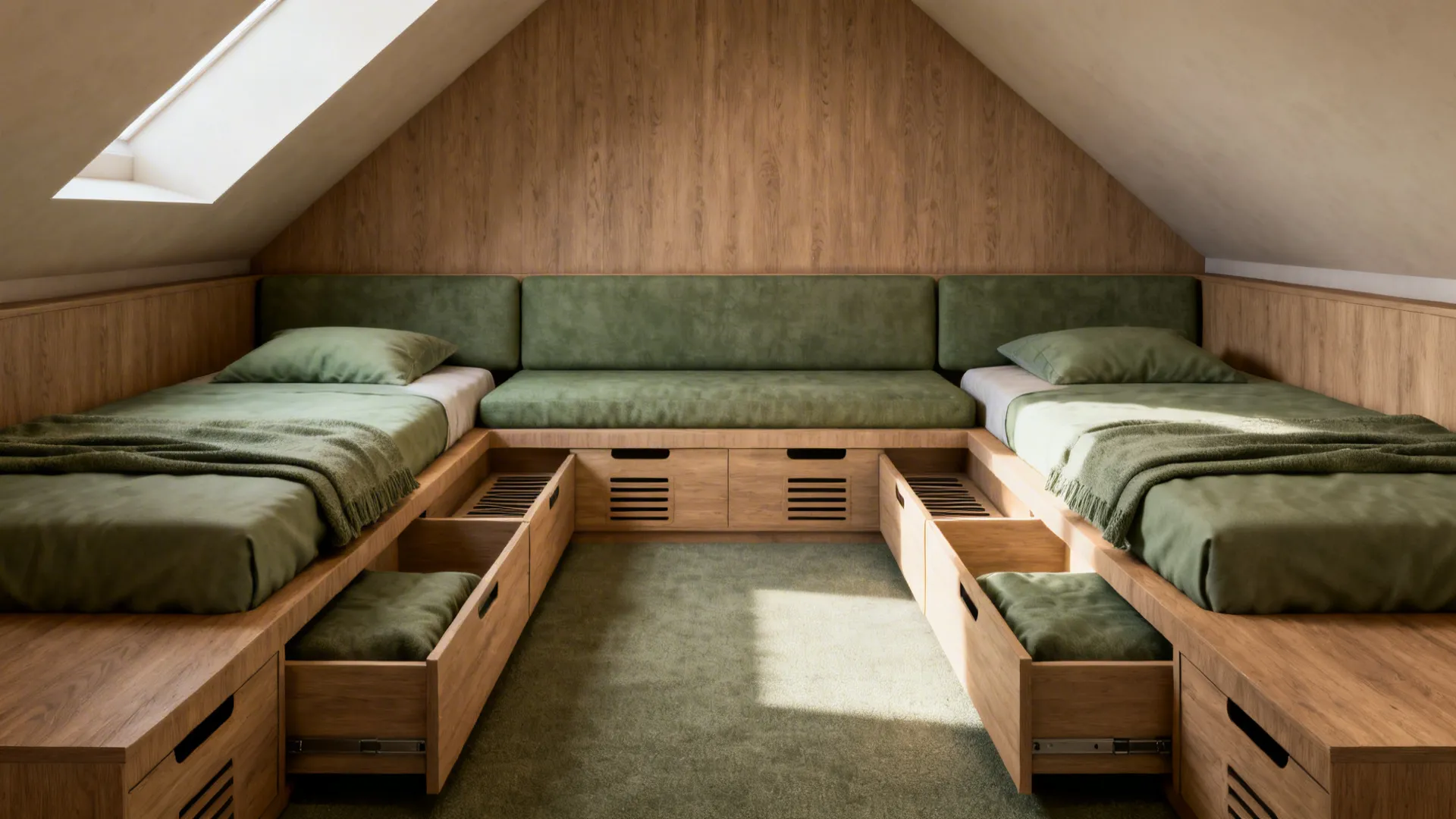Low-ceiling attic with U-shaped platform, three slim mattresses, and deep storage drawers.