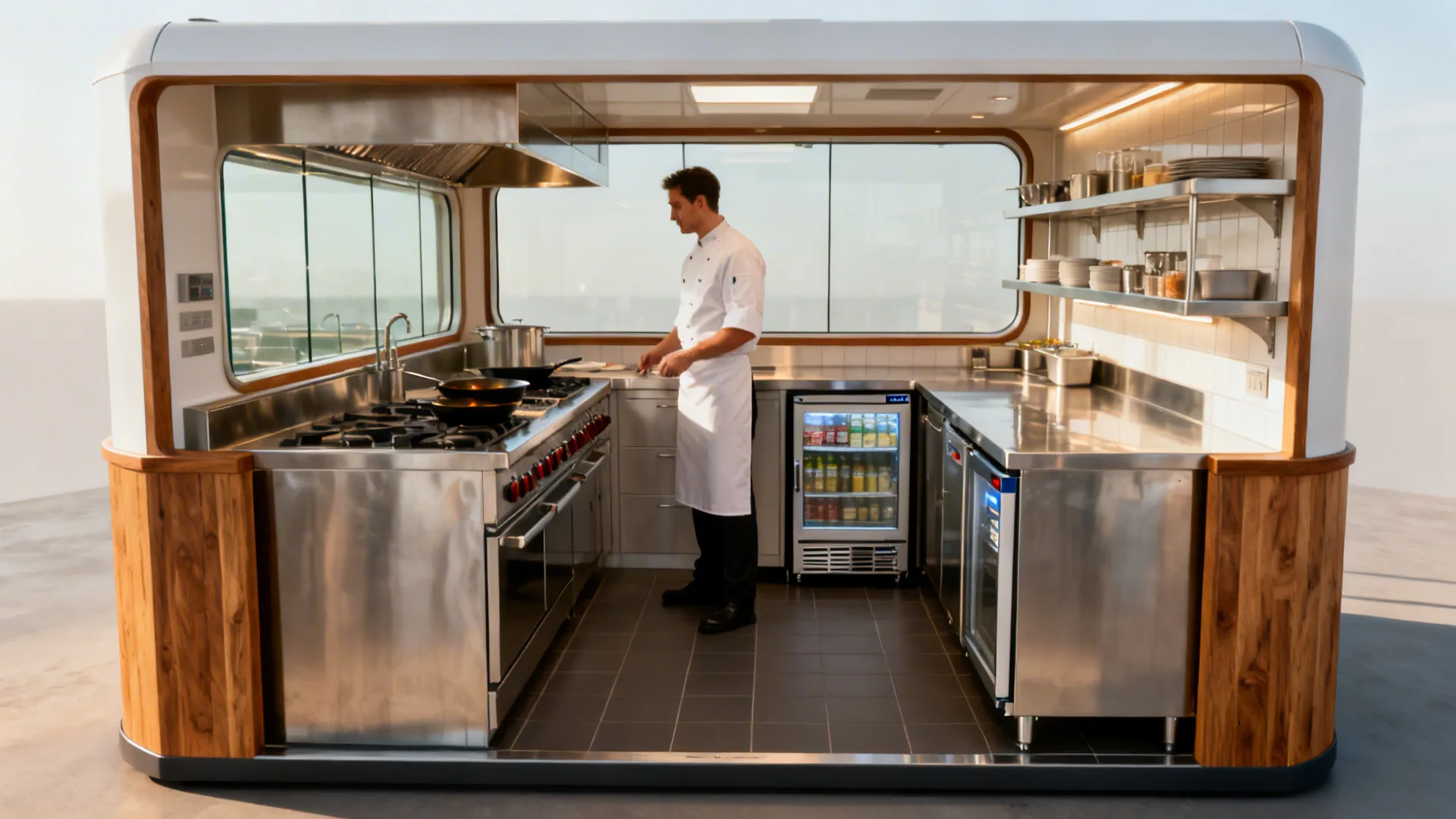Compact U-shaped cooking station with a refrigerated chef base and pass shelf.