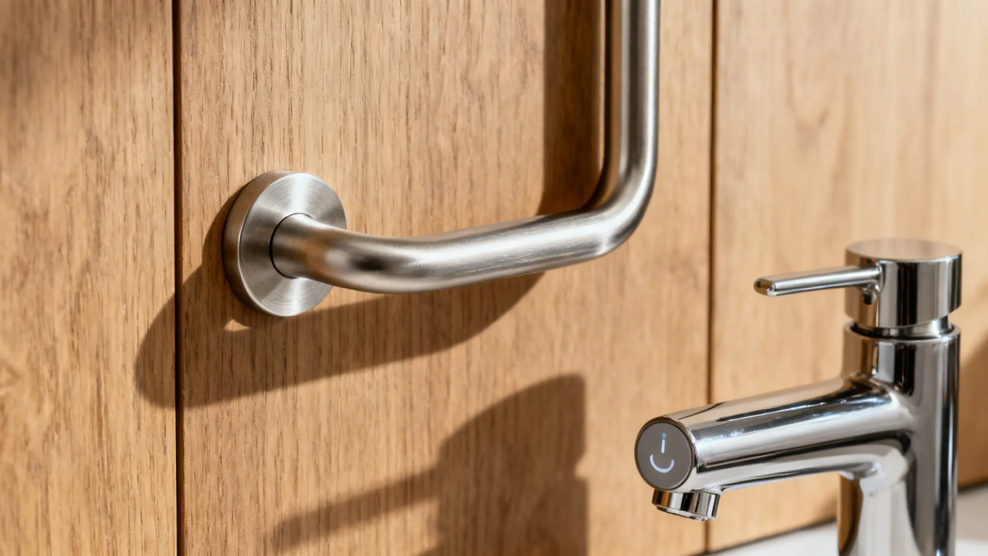 Macro of a brushed nickel U-shaped pull and a sleek touch-activated faucet against matte oak.