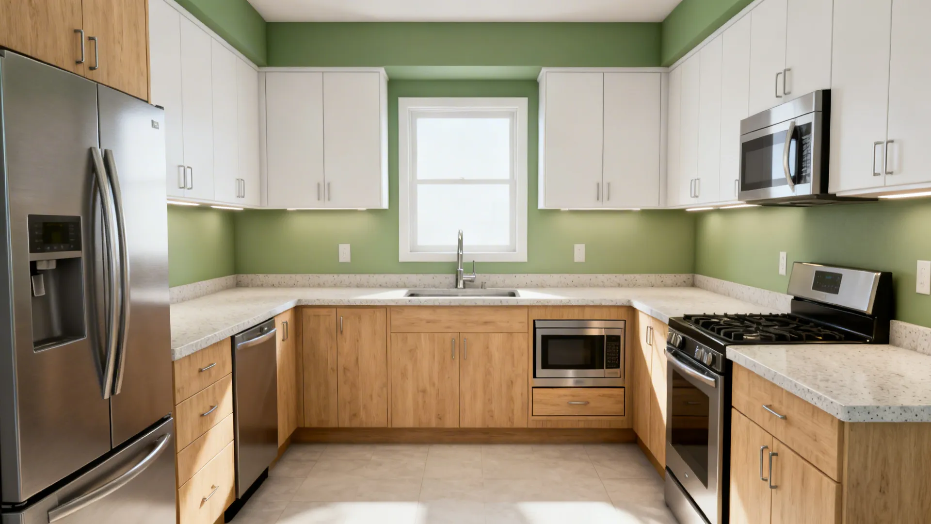 U-shaped 12x12 kitchen with a 48-inch center aisle, white and light wood finishes, bright and open.