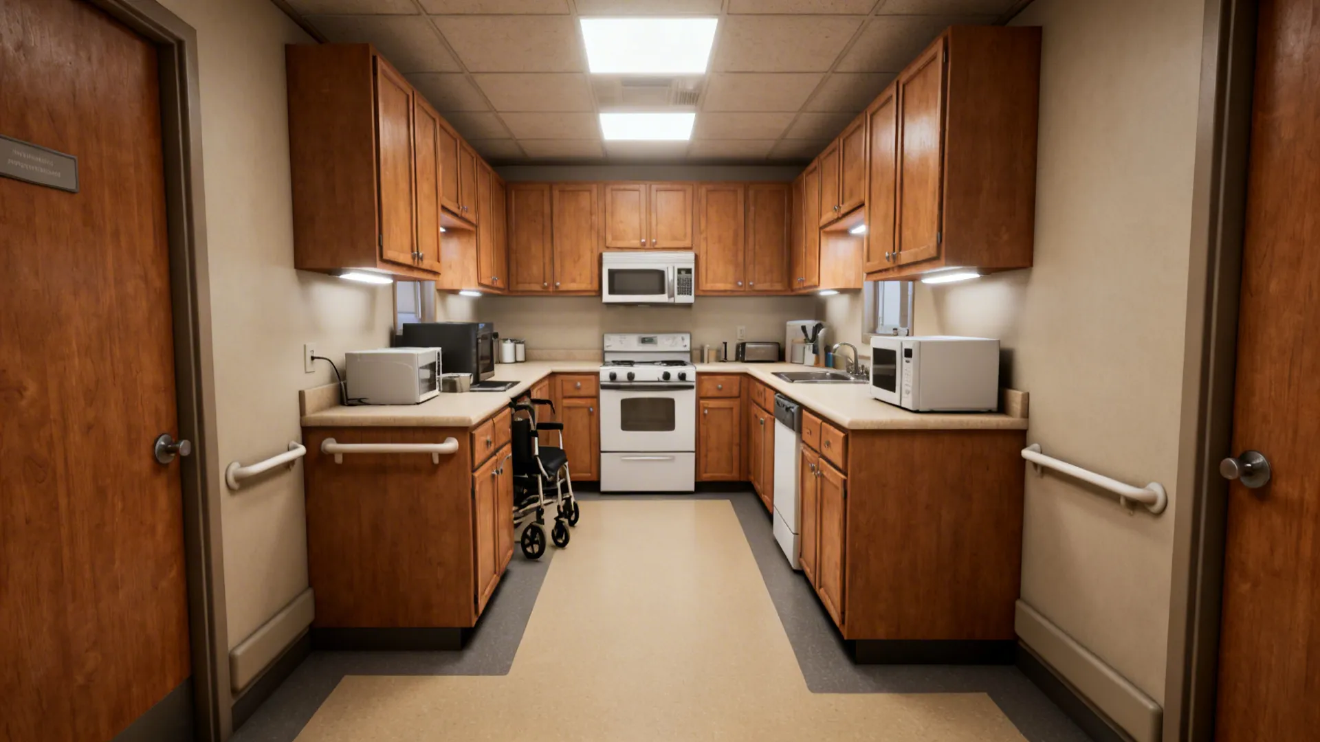 Compact U-shaped kitchen with wide corridor and accessible appliance placement for easy reach.