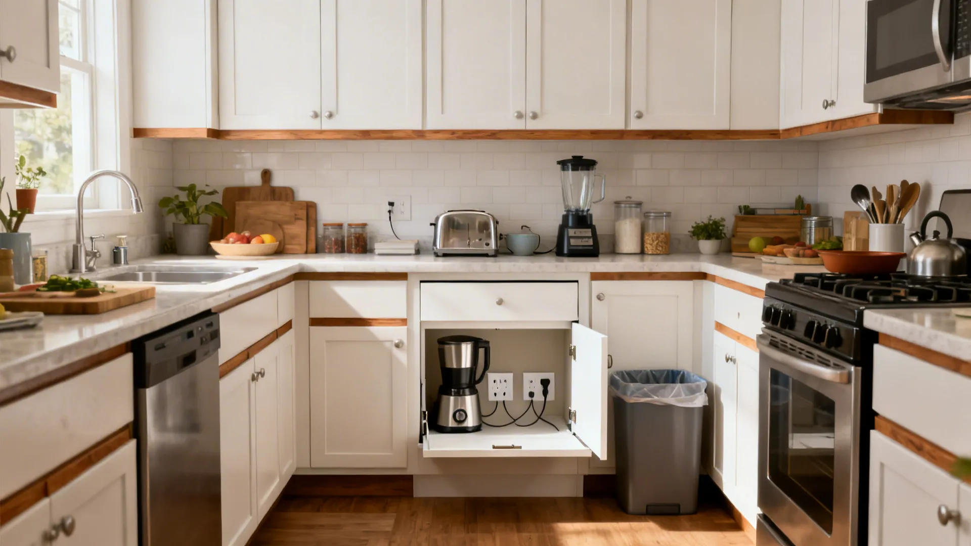 U-shaped 10x12 kitchen with a flip-up door appliance garage on the short wall.