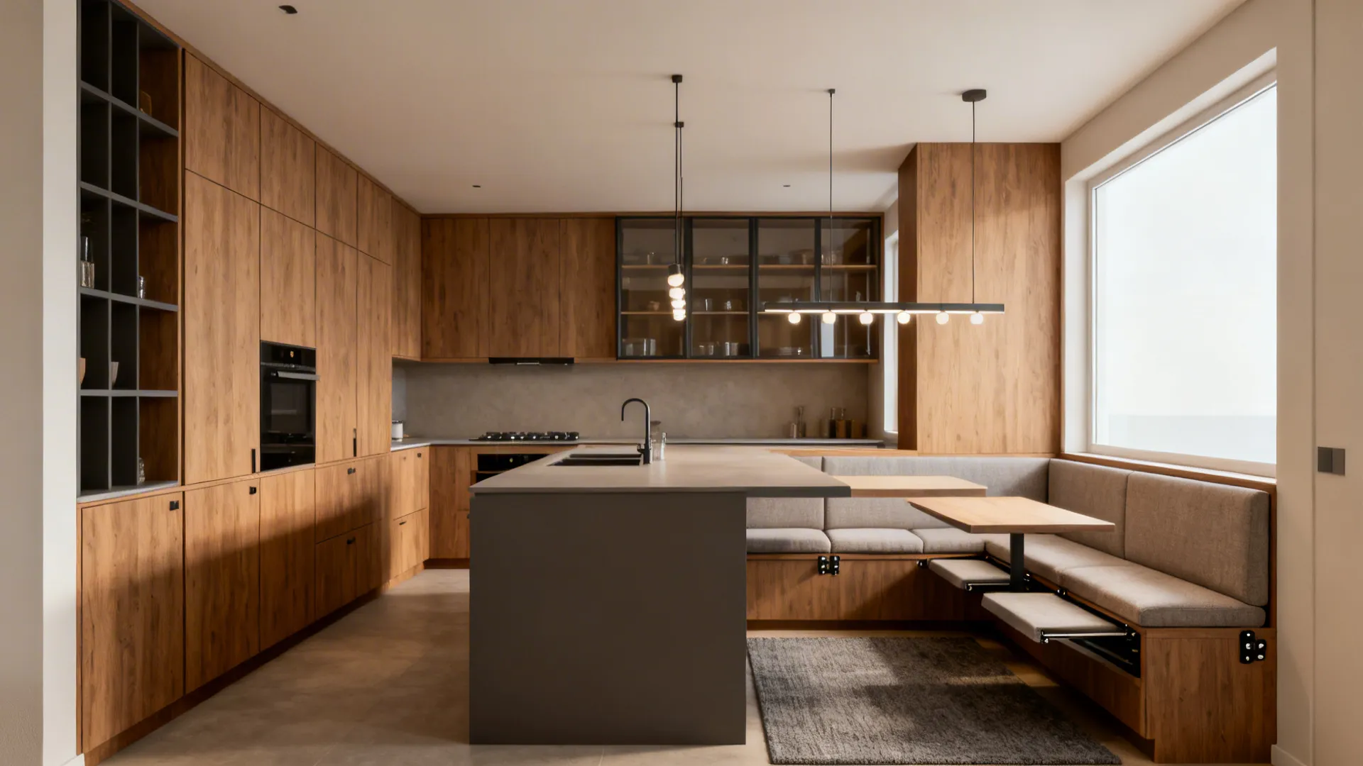 U-shaped kitchen with peninsula breakfast bar and a cozy banquette dining nook.