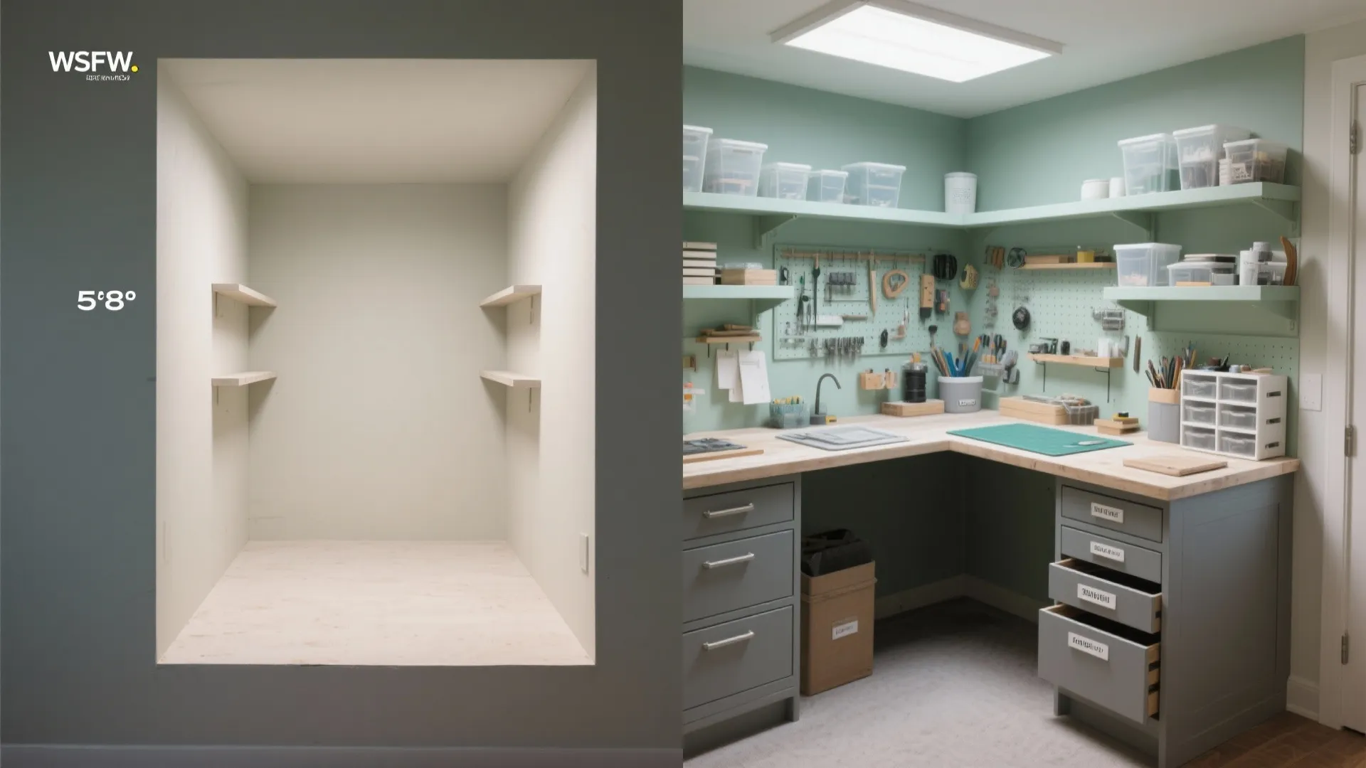 Before-and-after of a small alcove changed into a U-shaped craft station with clear workflow zones.