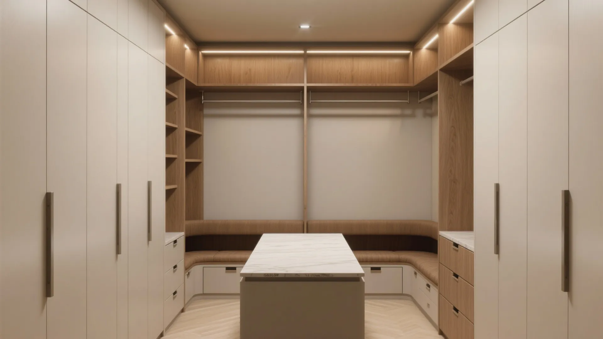 U-shaped 8x8 closet with a shallow bench island and built-in drawers, warm wood accents and LED shelf lighting.