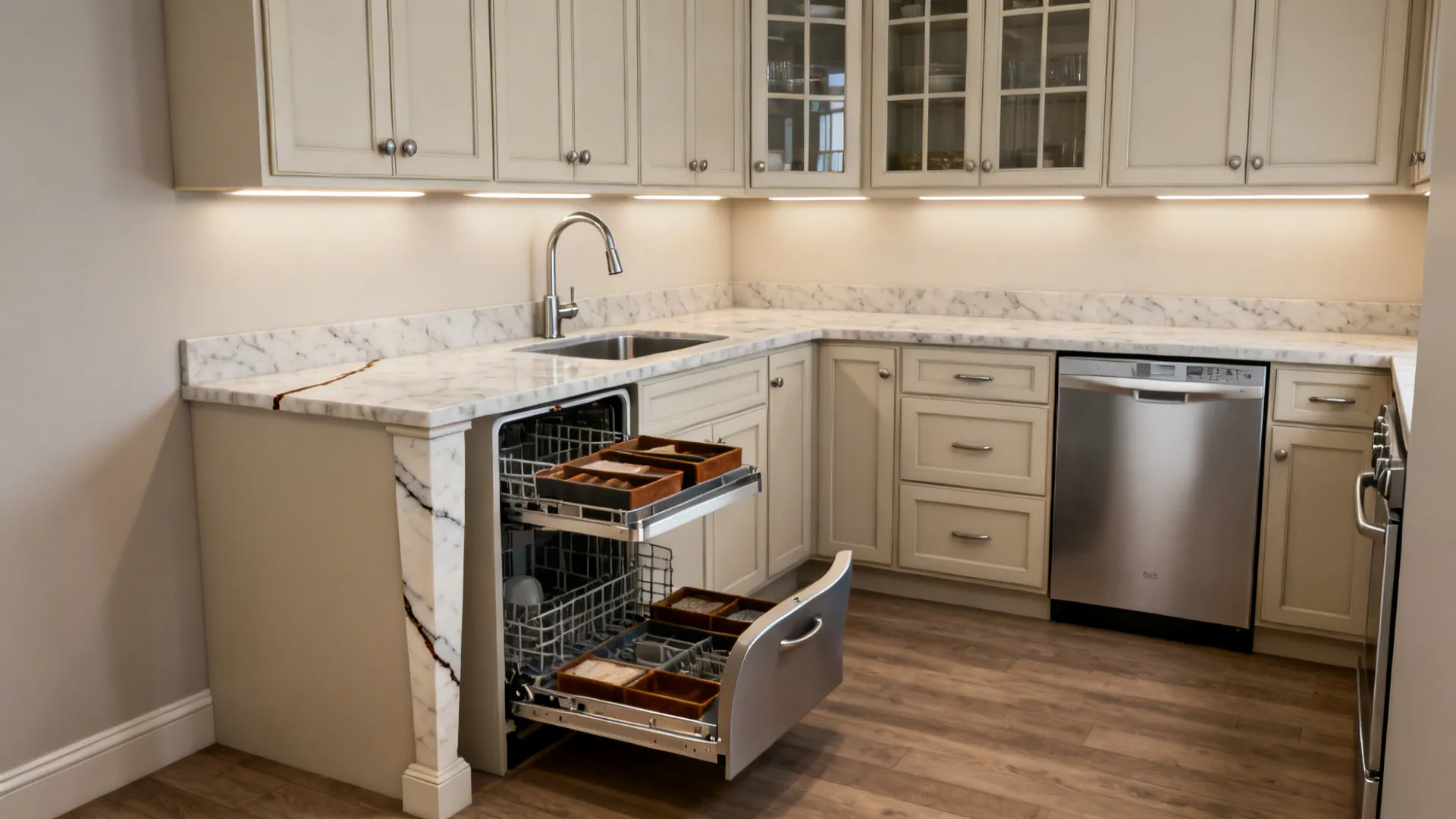 Modern kitchen with beige cabinets marble countertops sink and an open dishwasher showing organizer trays