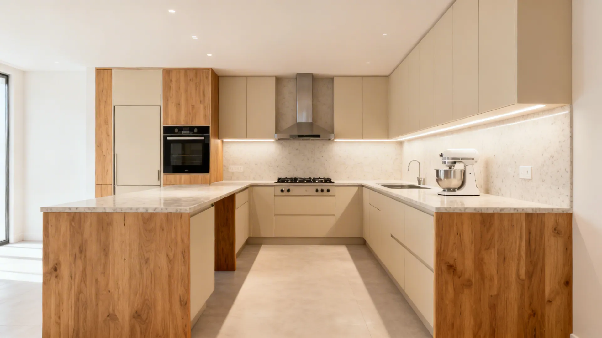 U-shaped Indian kitchen with central hob, 4 ft aisle, and ample storage.