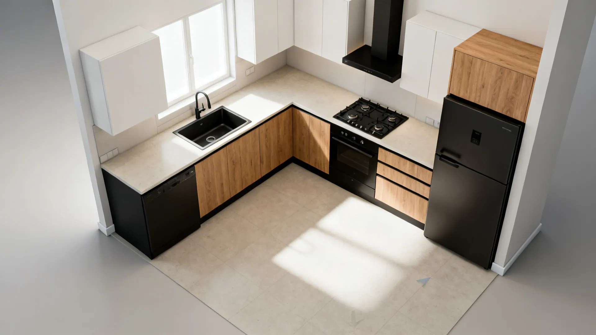 Top-down plan view of a compact U-shaped kitchen showing clear flow and work triangle.