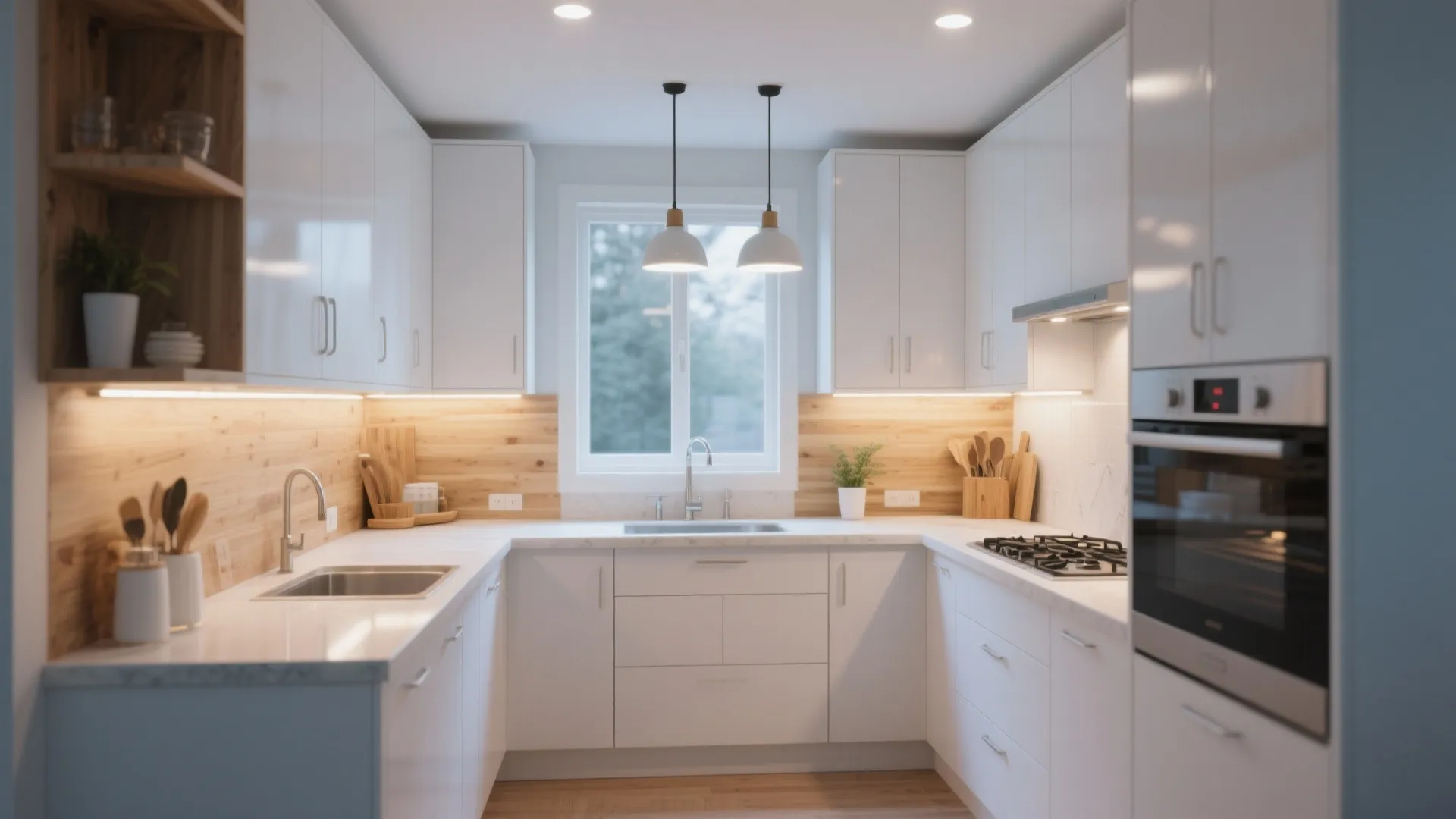U-shaped kitchen with white cabinets and ample storage