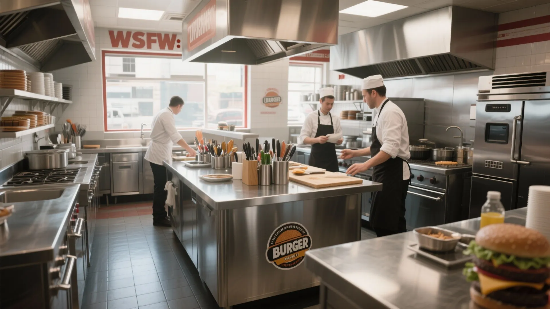 Compact U-shaped burger kitchen with central prep table