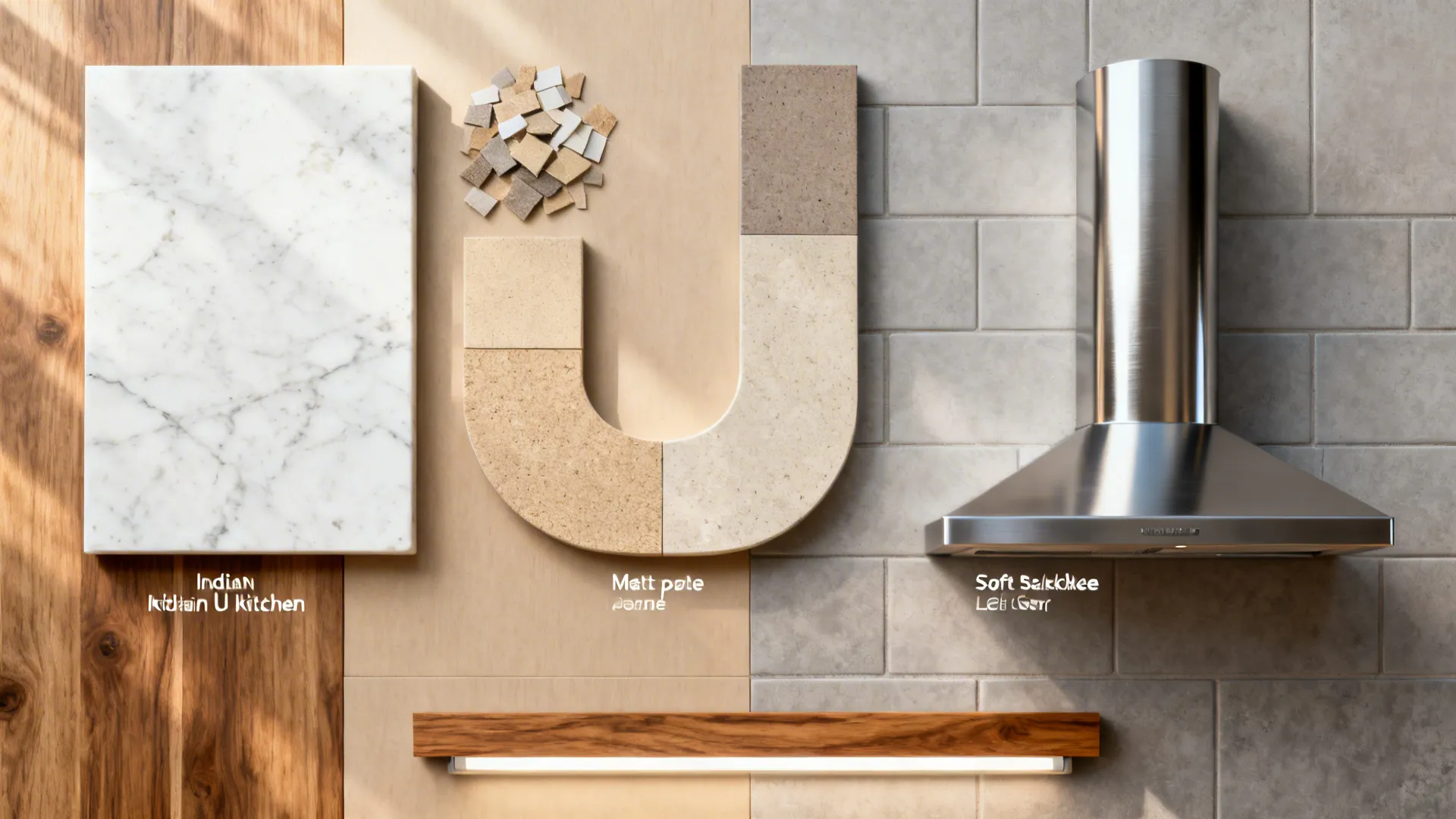 Flat lay of quartz, matte laminates, steel, and tiles for a U-shaped kitchen.