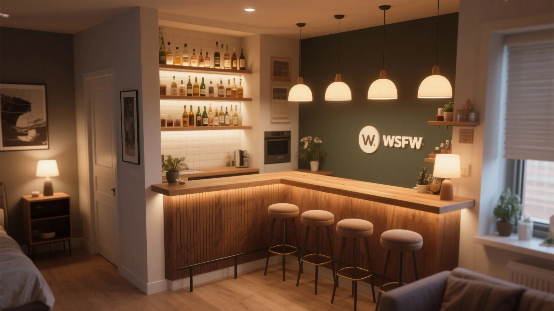 Modern home bar featuring wooden counter with four stools green wall and warm ceiling lights