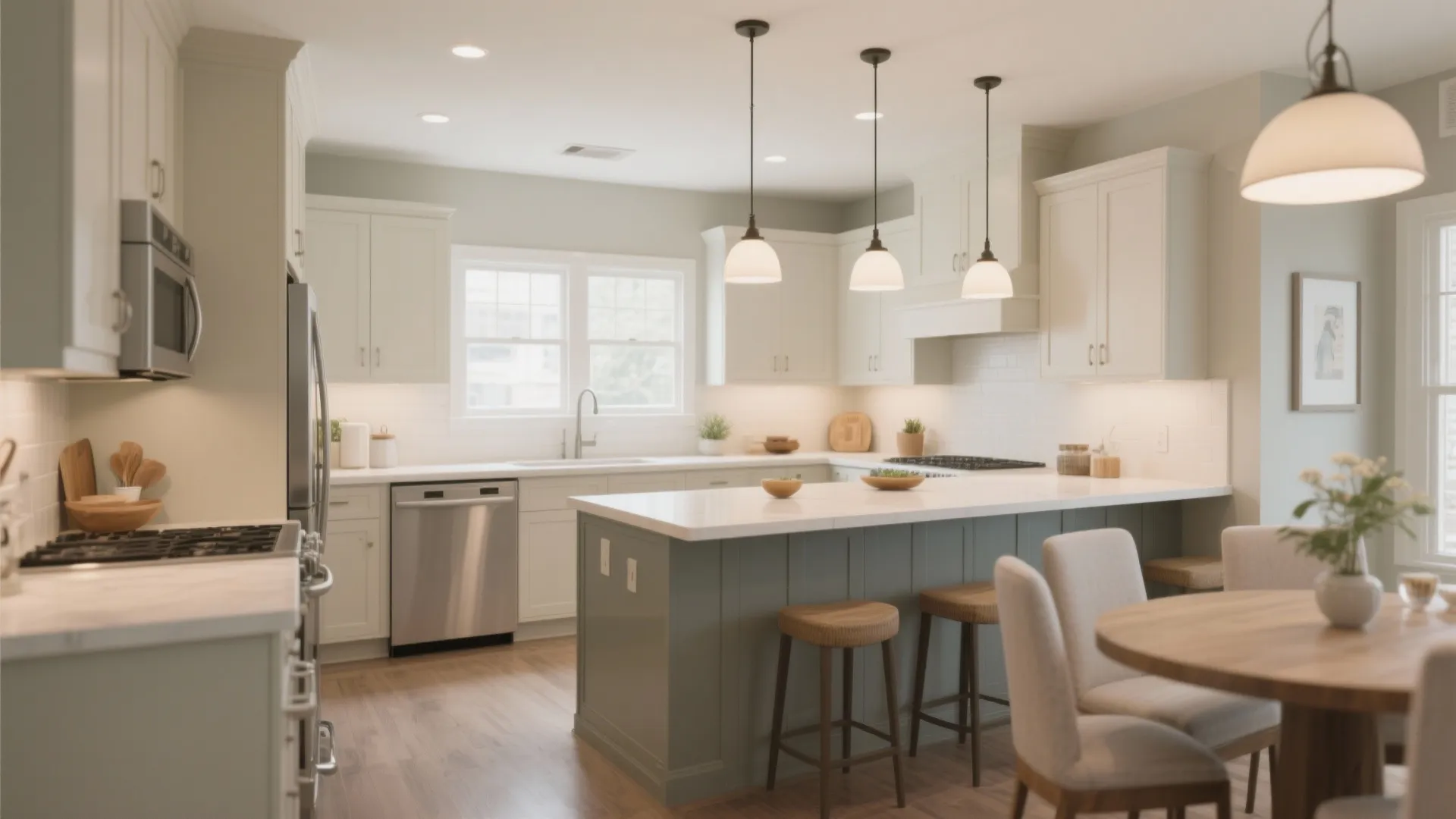 U-shaped kitchen with narrow peninsula and pendant lights