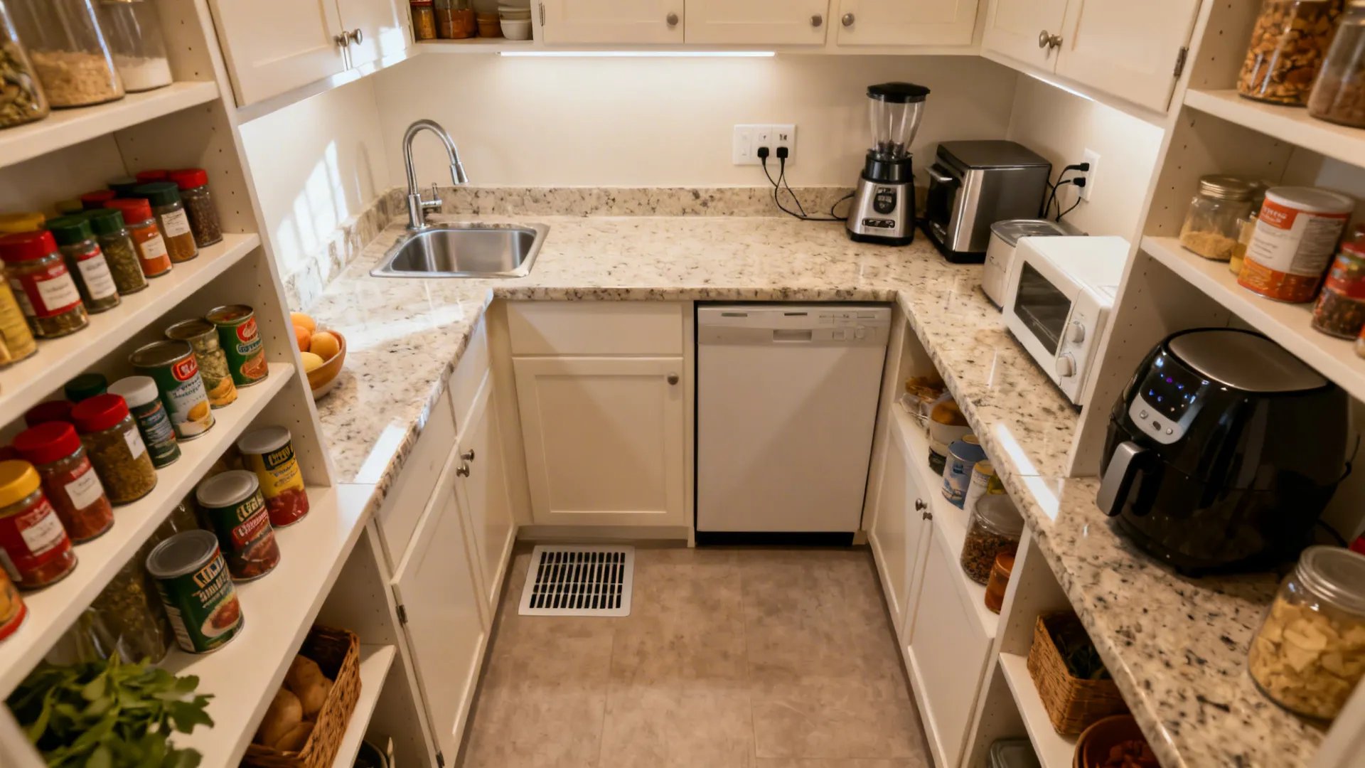 Small U shaped pantry with white cabinets granite countertops sink and organized shelves for food