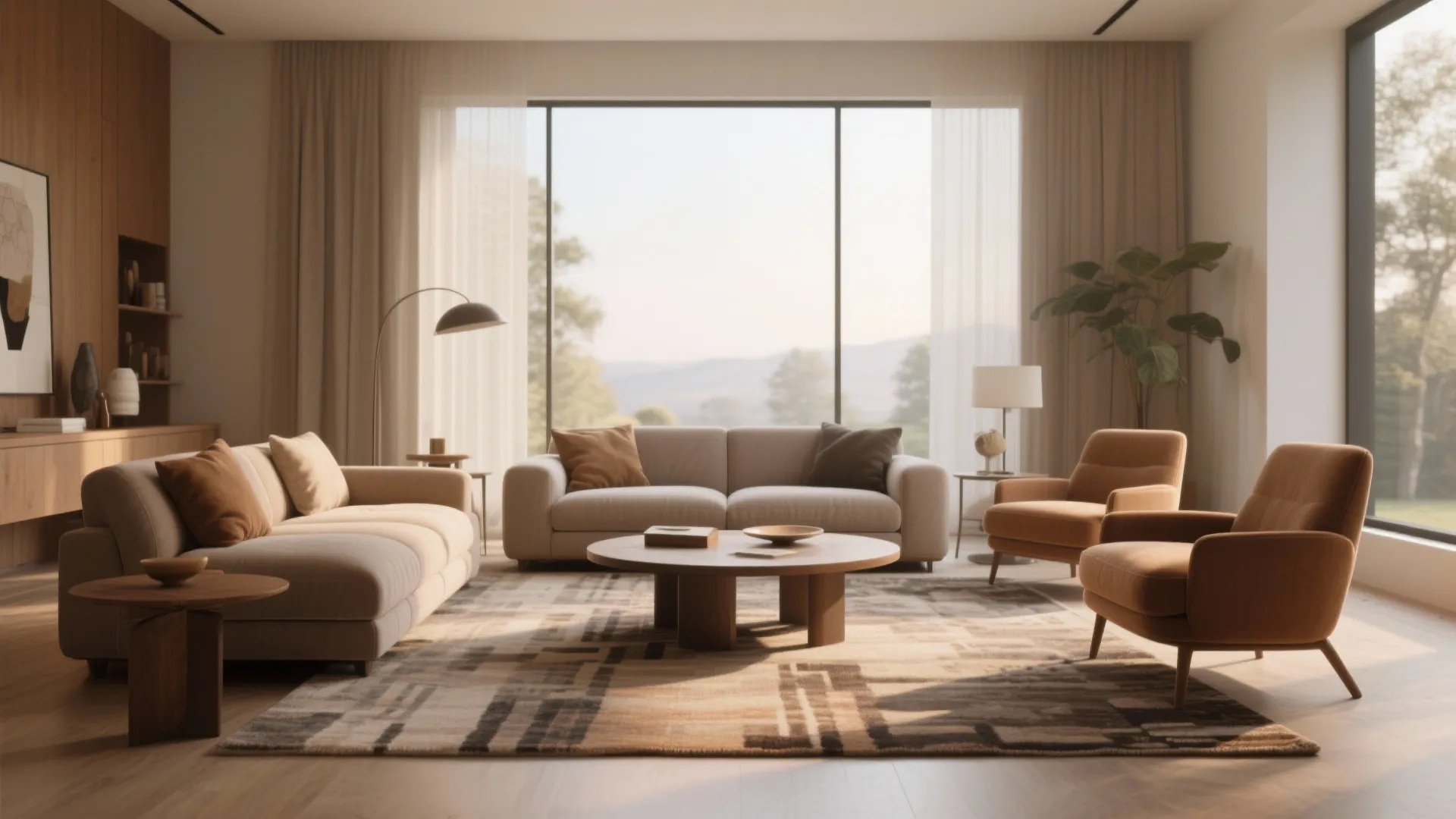 Modern warm living room featuring beige sofas around a wooden coffee table and big windows