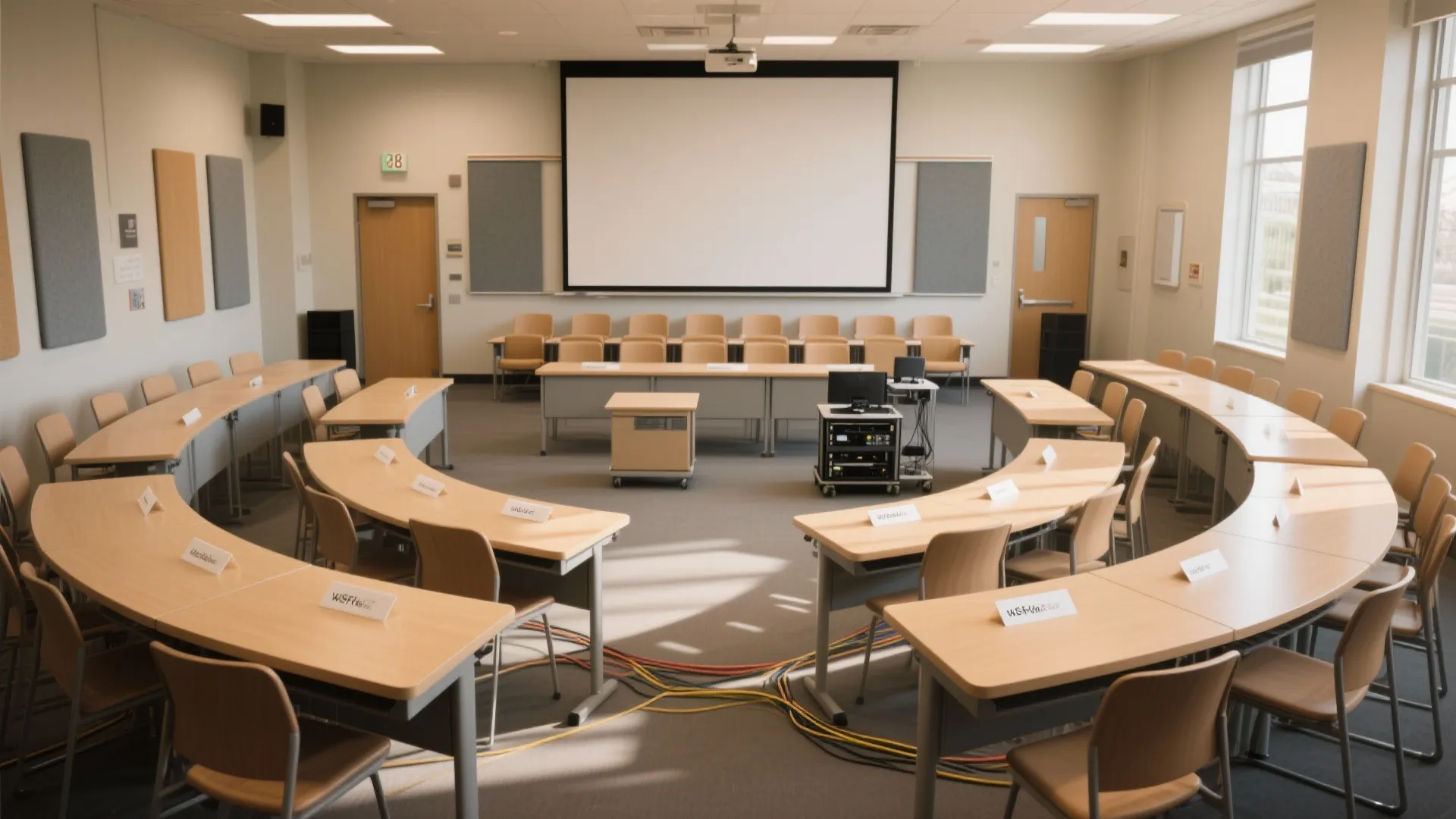 Modern training room layout with curved wooden desks arranged in a large U shape design