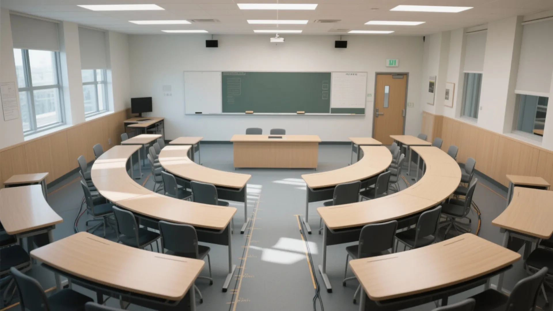 Modern classroom interior design with curved wooden desks and chairs facing a large green chalkboard