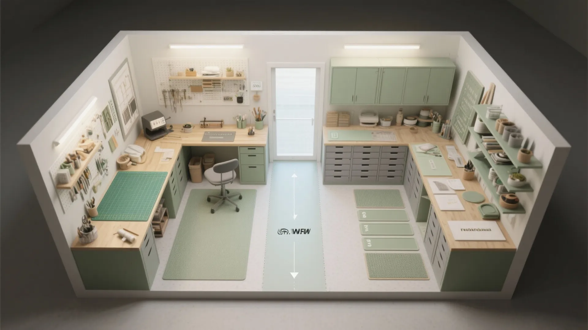 Interior design drawing showing a green U-shaped craft room with desk cabinets shelves and walkway