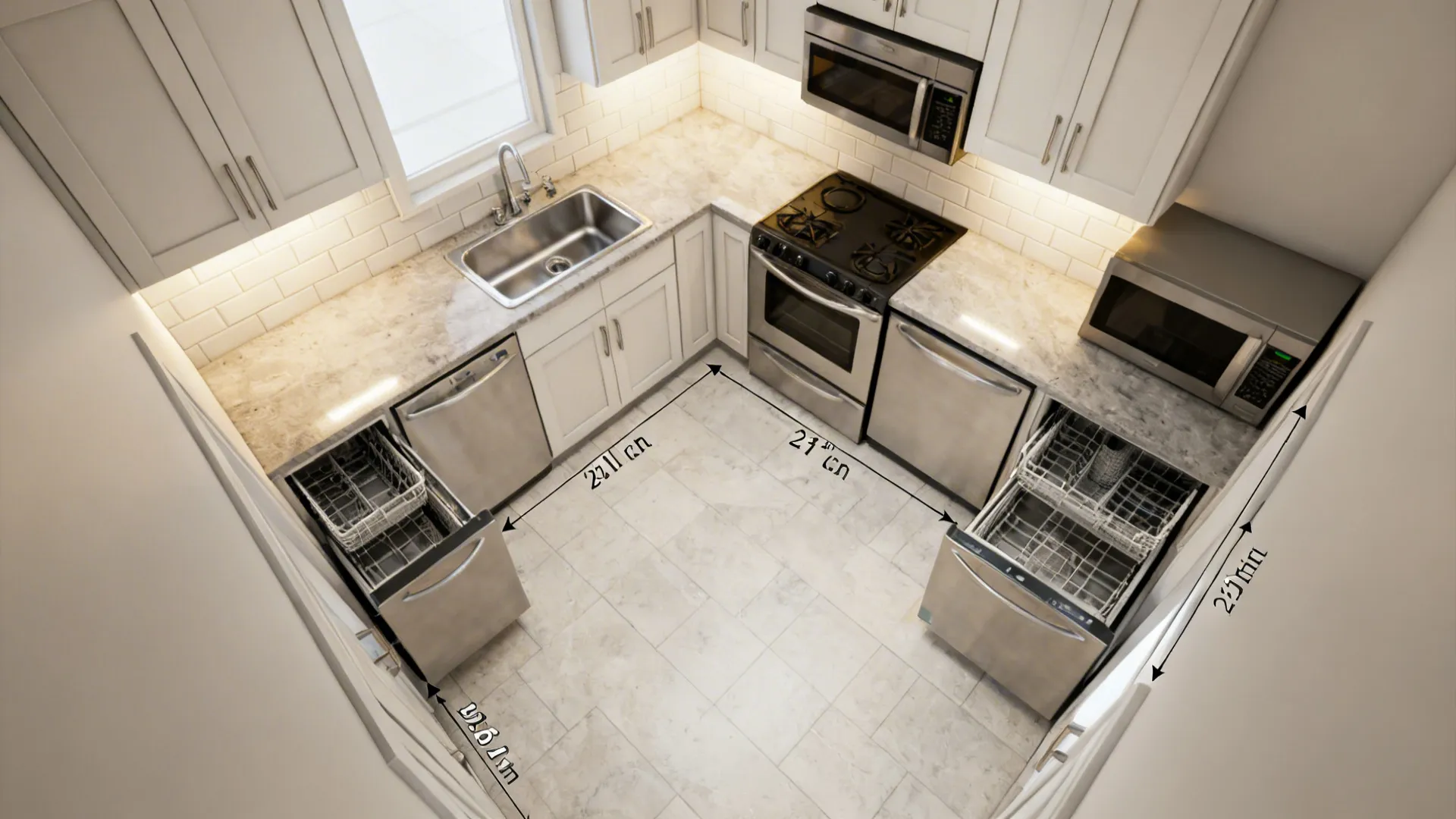 Top down interior design drawing of U shaped kitchen layout with dimensions and white cabinets
