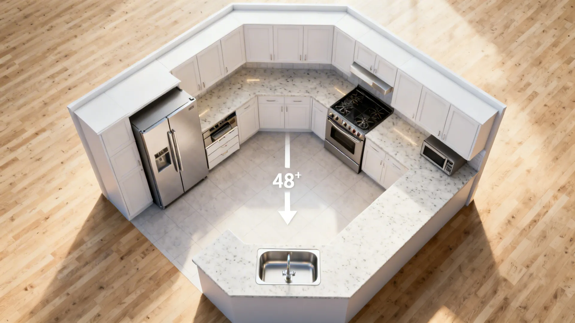 Top-down view of a U-shaped 12x12 kitchen showing a wide central aisle and balanced zones.