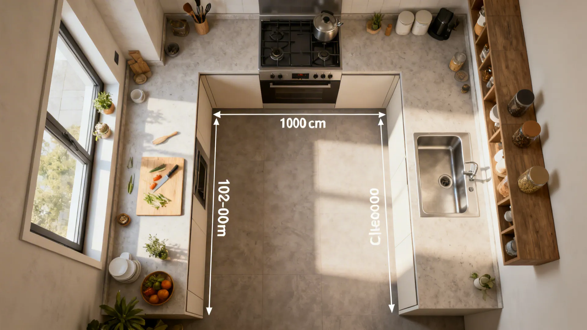 Top-down view of a narrow U-shaped kitchen with clear working triangle and 100–120 cm aisle.