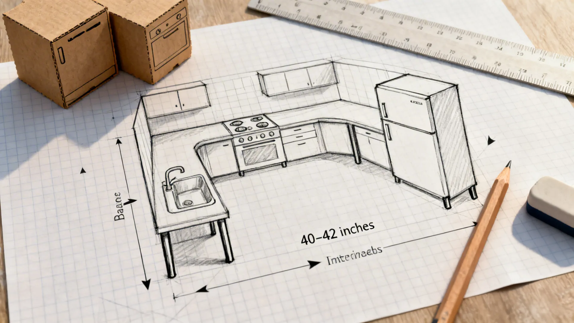 Top-down graph paper sketch of a U-shaped kitchen with triangle lines and appliance blocks.