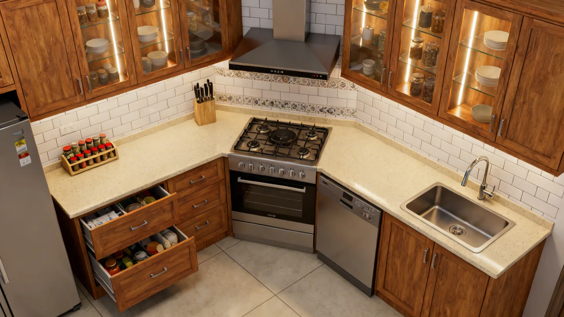 Top-down U-shaped kitchen plan showing a 4 ft aisle and efficient work triangle.